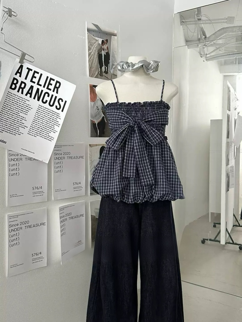 格子花苞吊带蝴蝶结