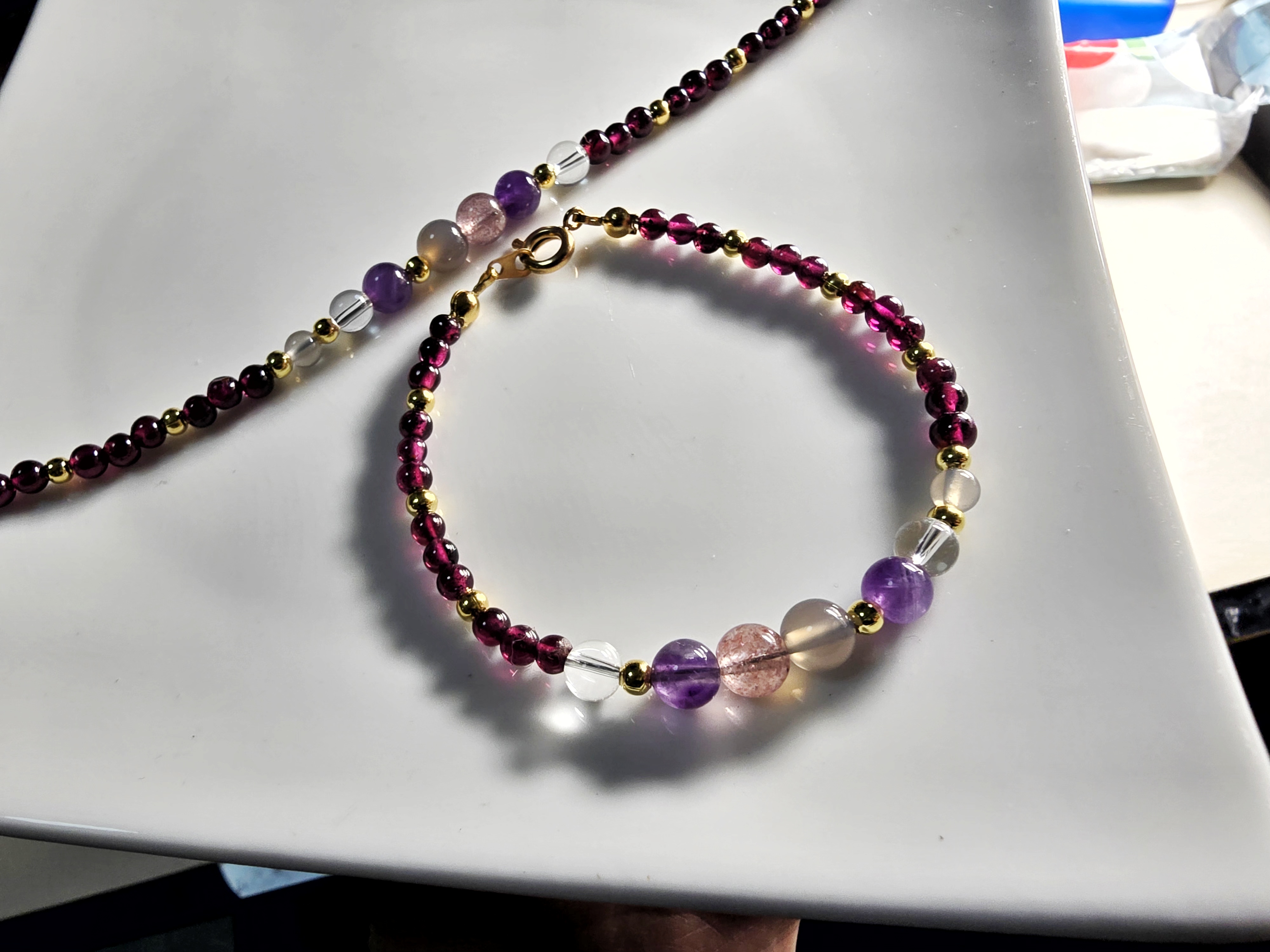 DIY0126-7 天然草莓 白水晶 紫水晶 灰瑪瑙 石榴石手鍊