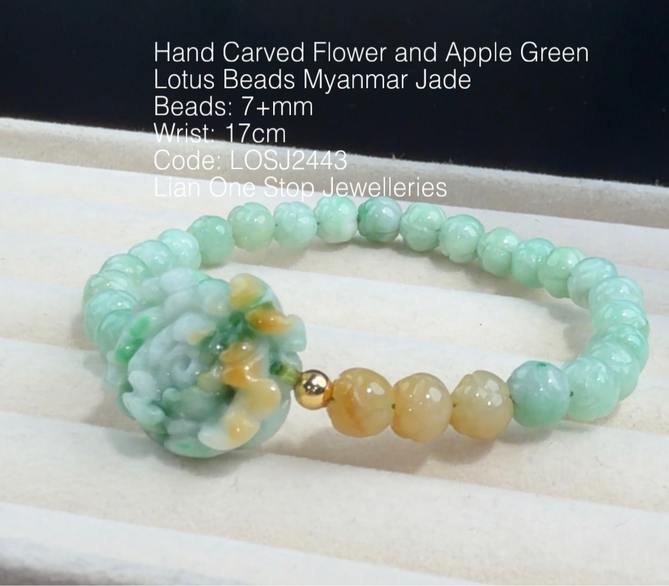 Code: LOSJ2443 Hand Carved Flower and Apple Green Lotus Beads Myanmar Jade 7+mm