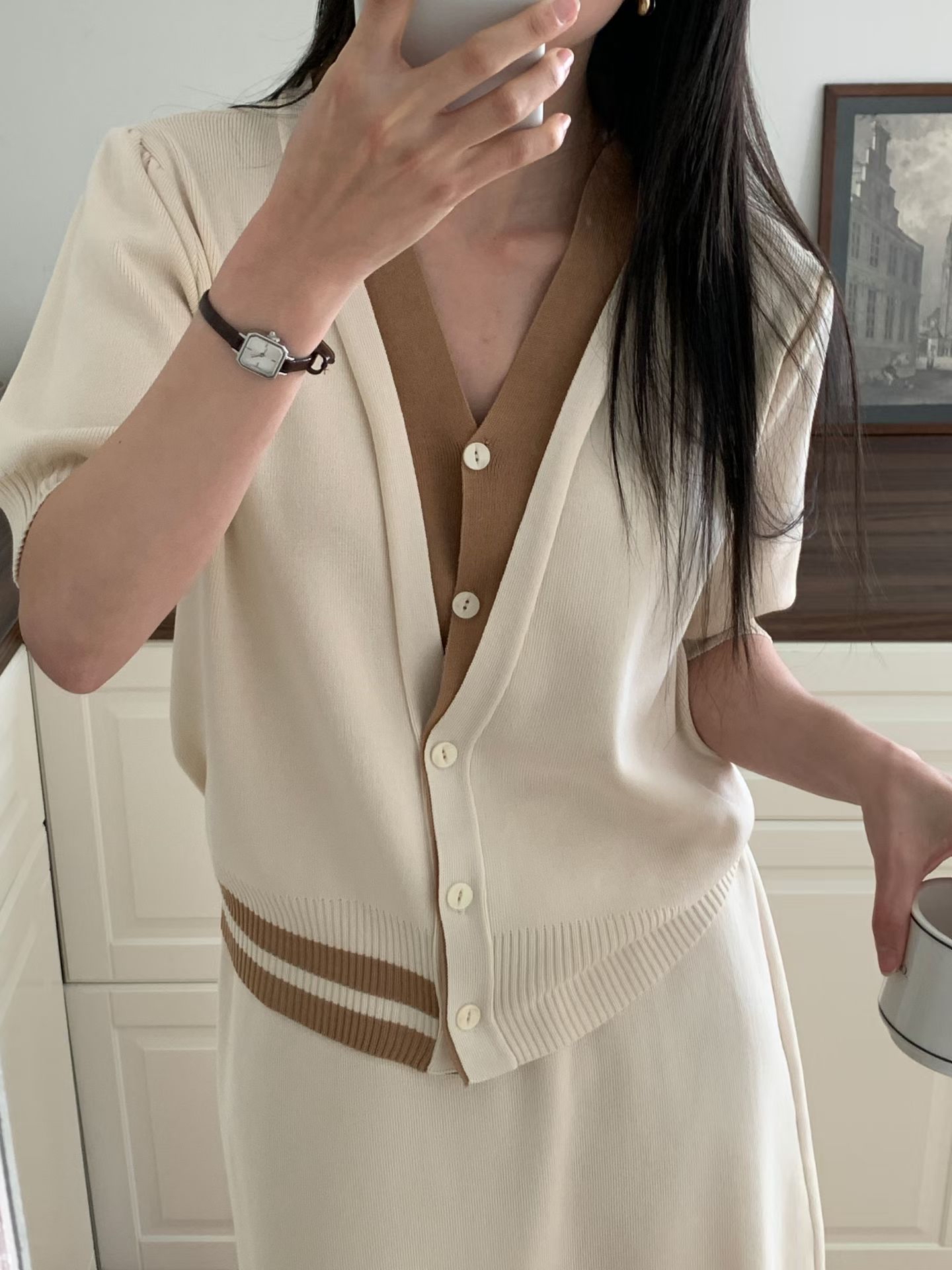 CT19 開鈕拼色外套+裙set 