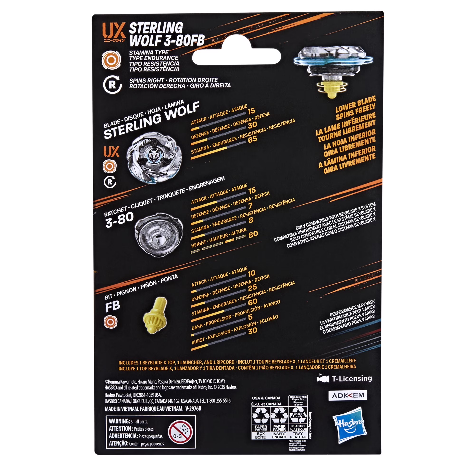 【防禦不破/反擊神物】爆旋陀螺 X 銀狼 3-80FB Beyblade X Sterling Wolf 3-80FB UX Starter Pack Top and Launcher - 獨特防禦反擊型、FB金屬軸心、附專用發射器