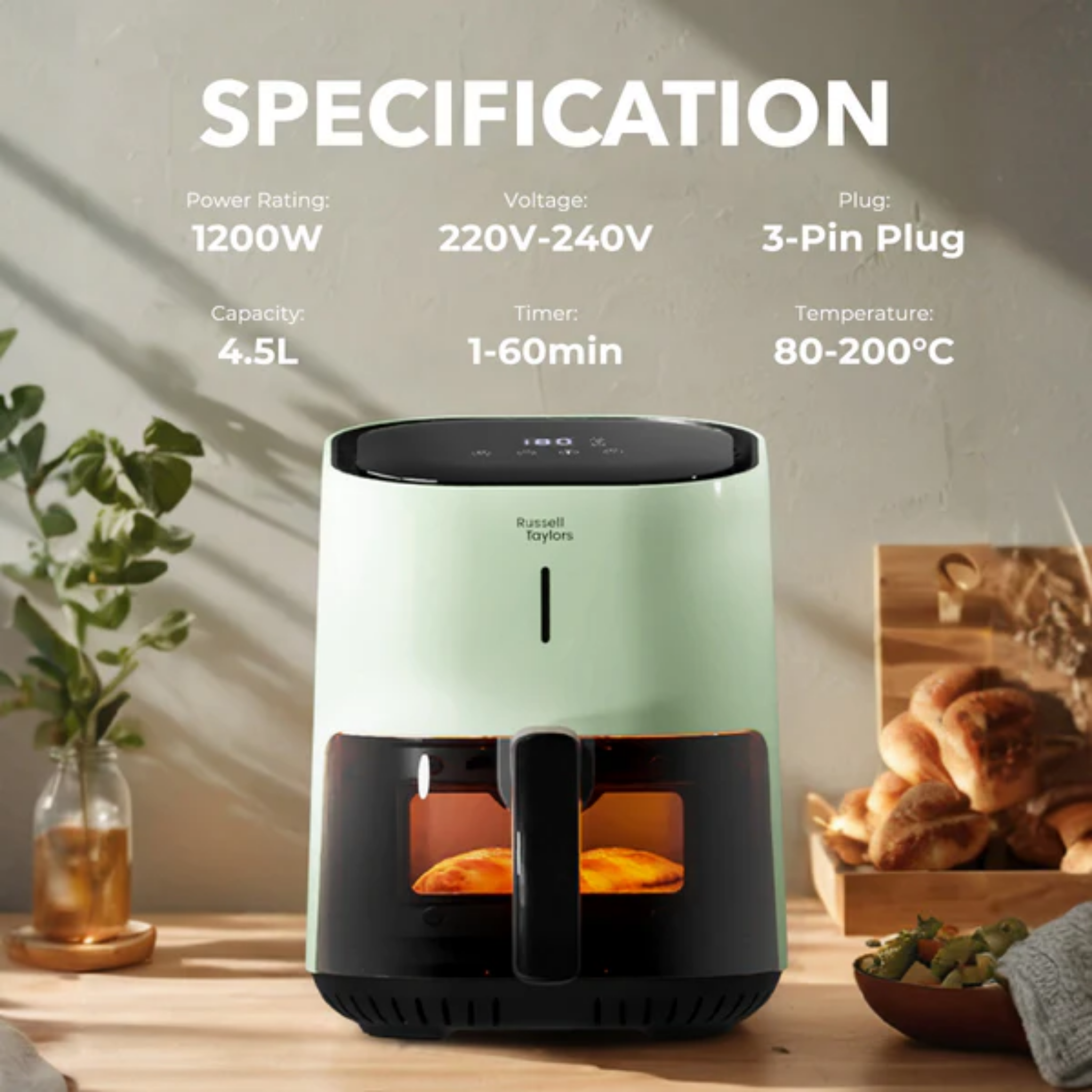 Russell Taylors 4.5L 3D Visionary Digital Air Fryer Green (Z4)