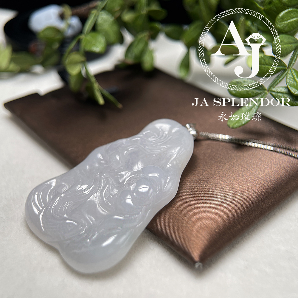 JNK-123 天然翡翠A玉 白翡蓮蓮有魚(連年有餘)18K金吊墜