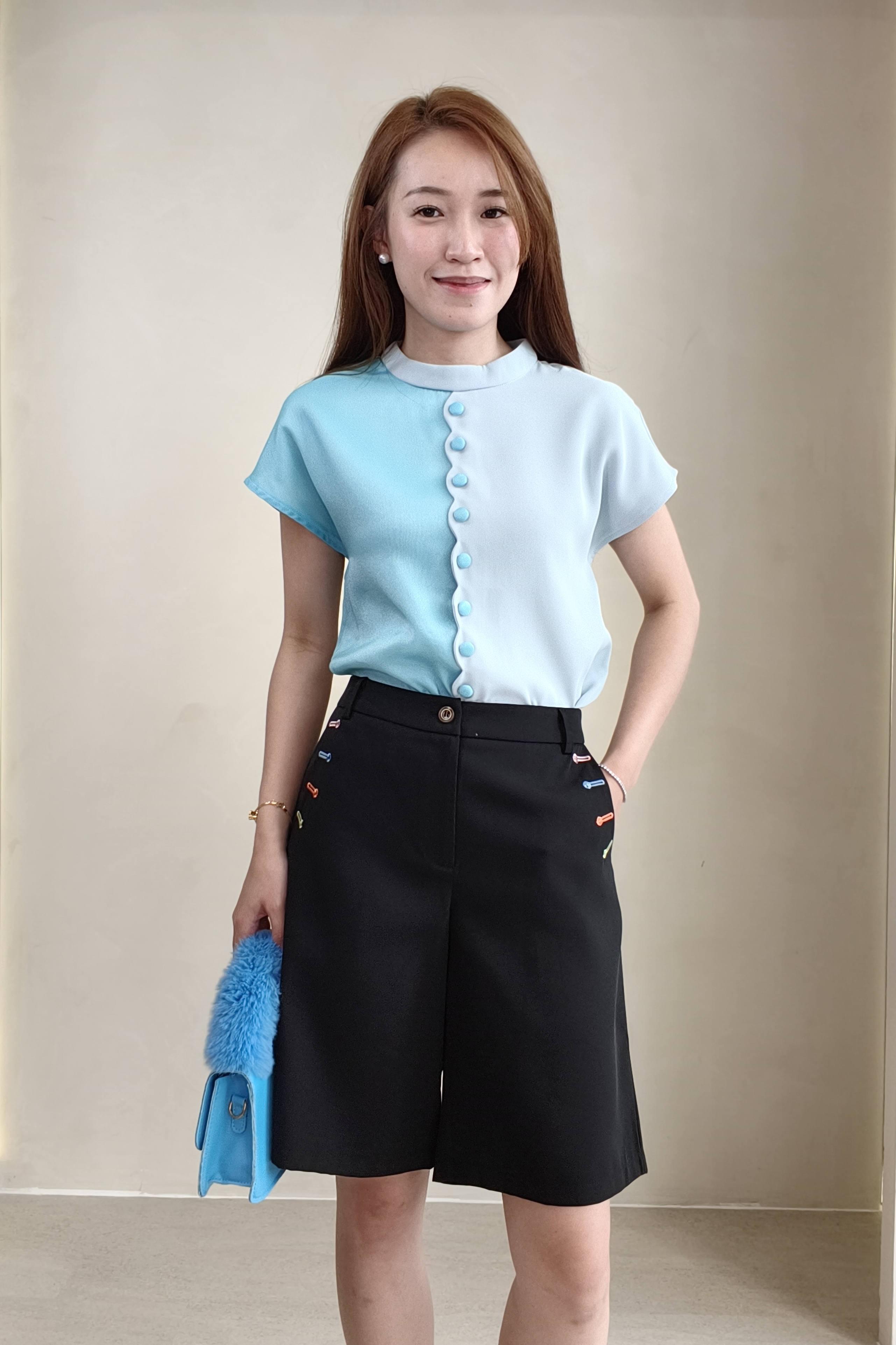 210581 Celeste Contrast Button Satin Blouse