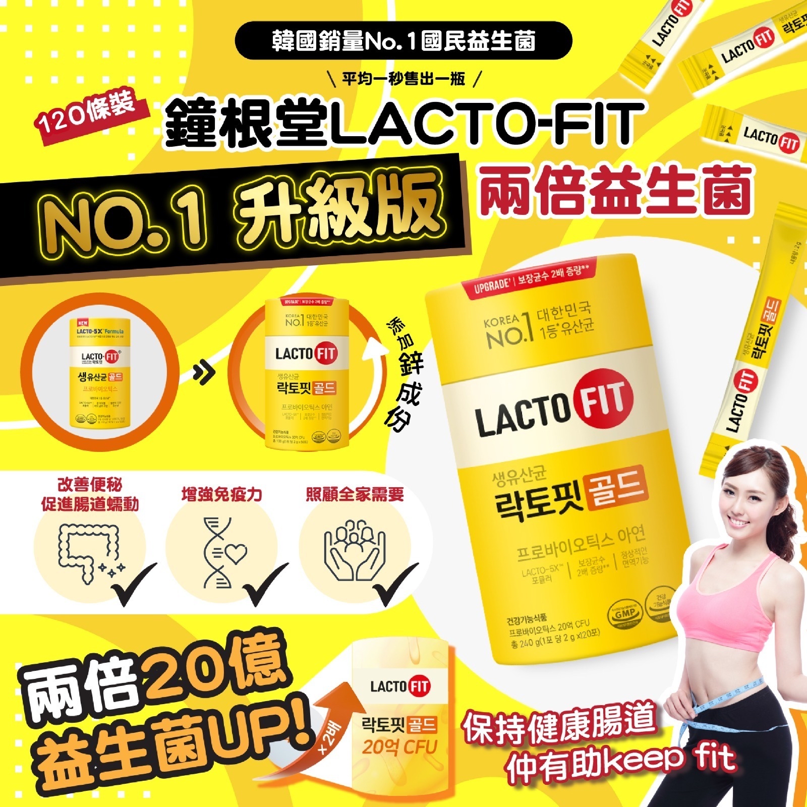 韓國🇰🇷直送@限時預購🔛鐘根堂LACTO-FIT NO.1升級版兩倍益生菌黃色 