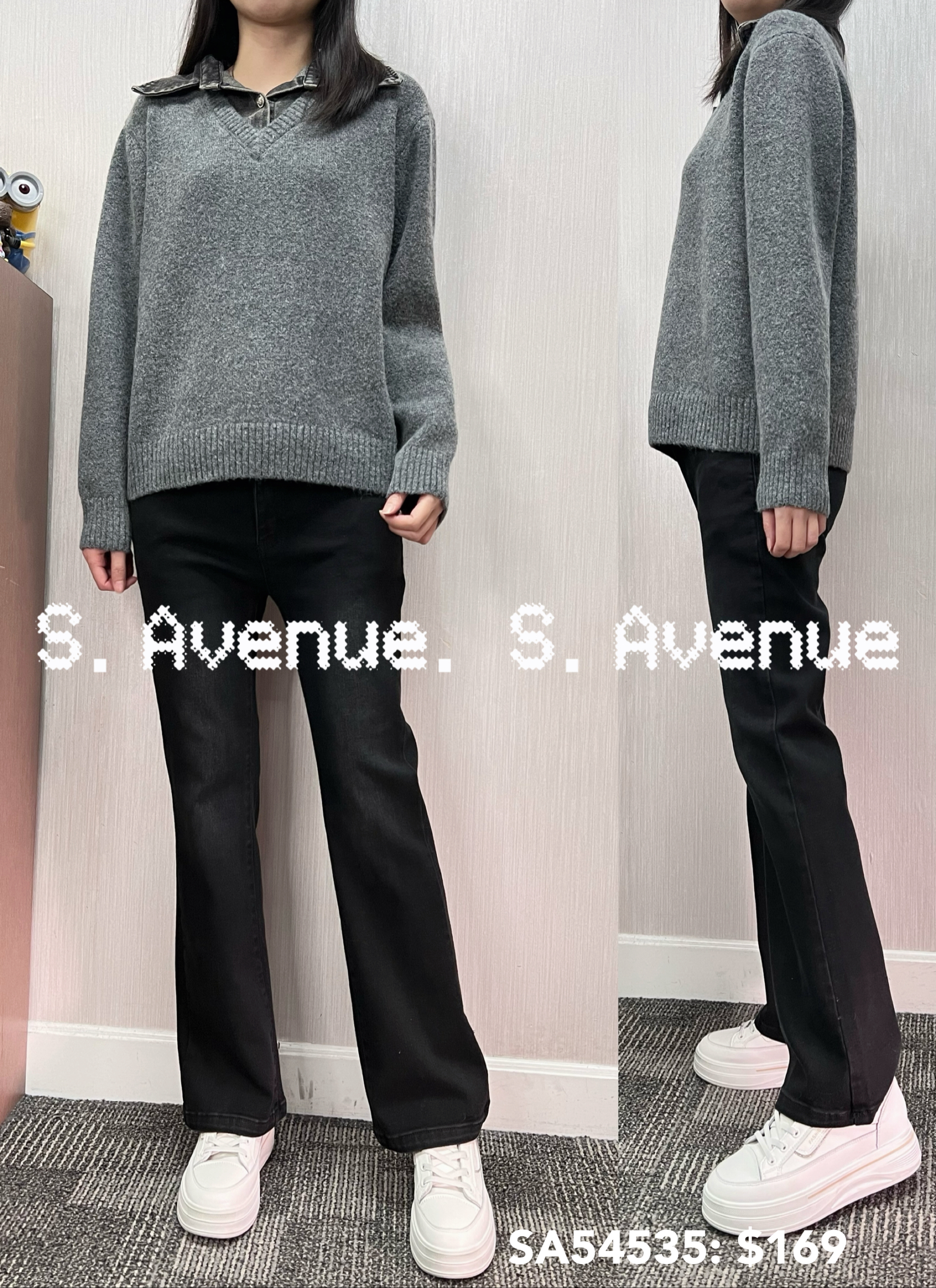 SA54535: 長袖牛仔領假兩件冷top