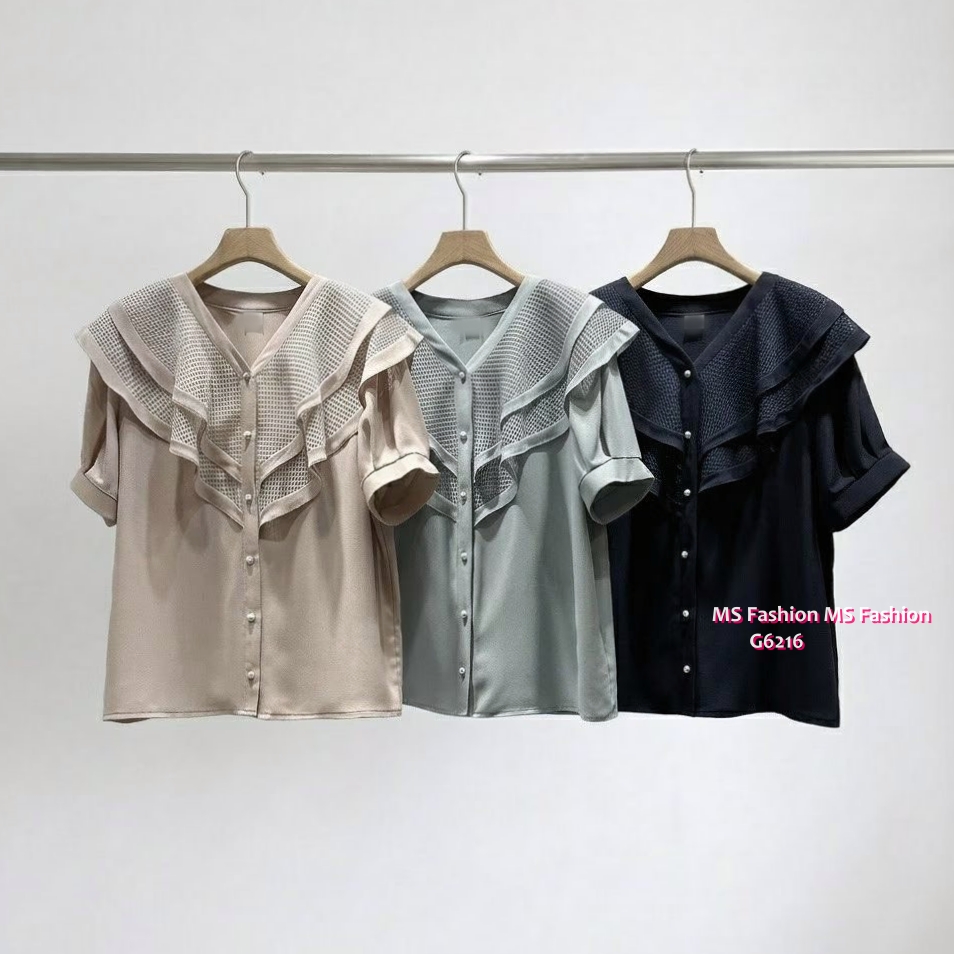 G6216 韓國🇰🇷V高質V領通花ruffle top
