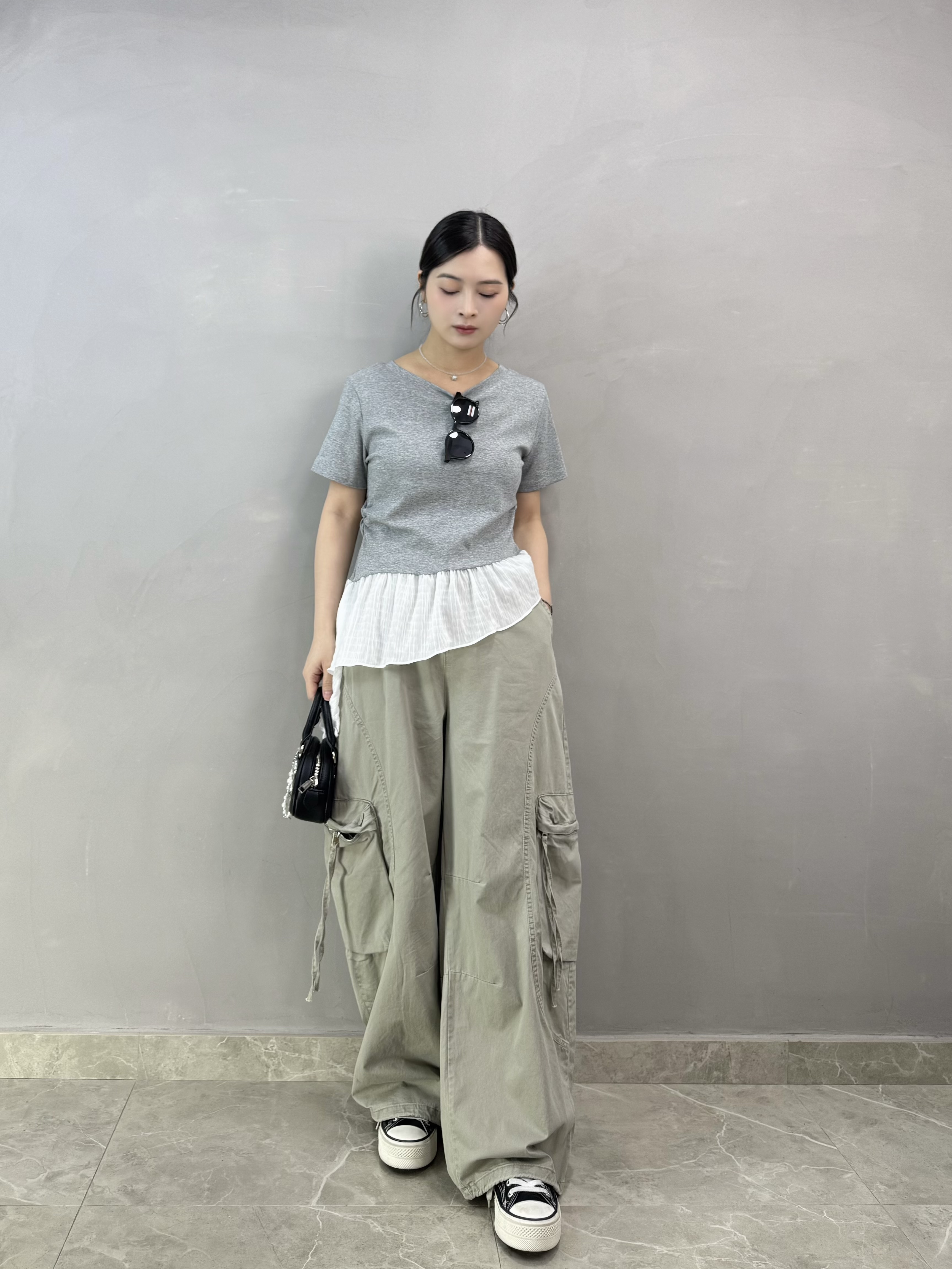 S76 棉質拼斜腳ruffle top