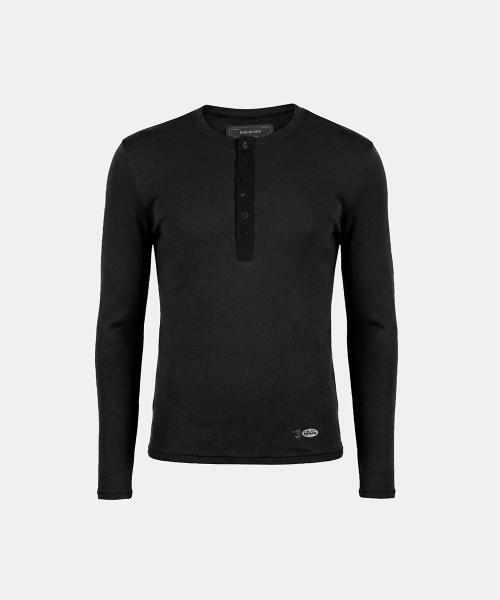 BS Cotton Jersey Fitted Henley Neck Long Sleeve T-Shirt - Black