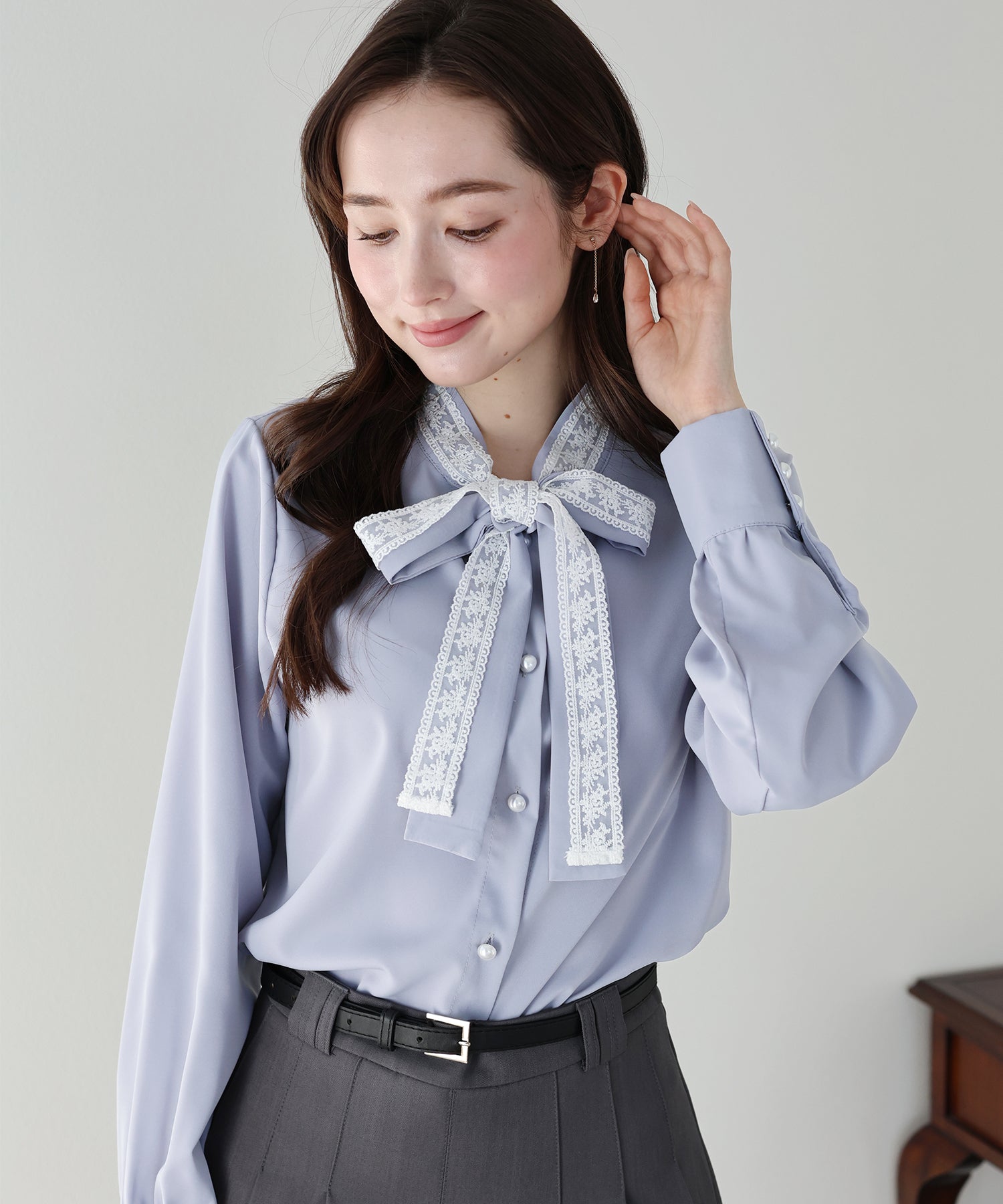 <JP> Lace Ribbon x Pearl Shirt Blouse * 3色入 <預購>