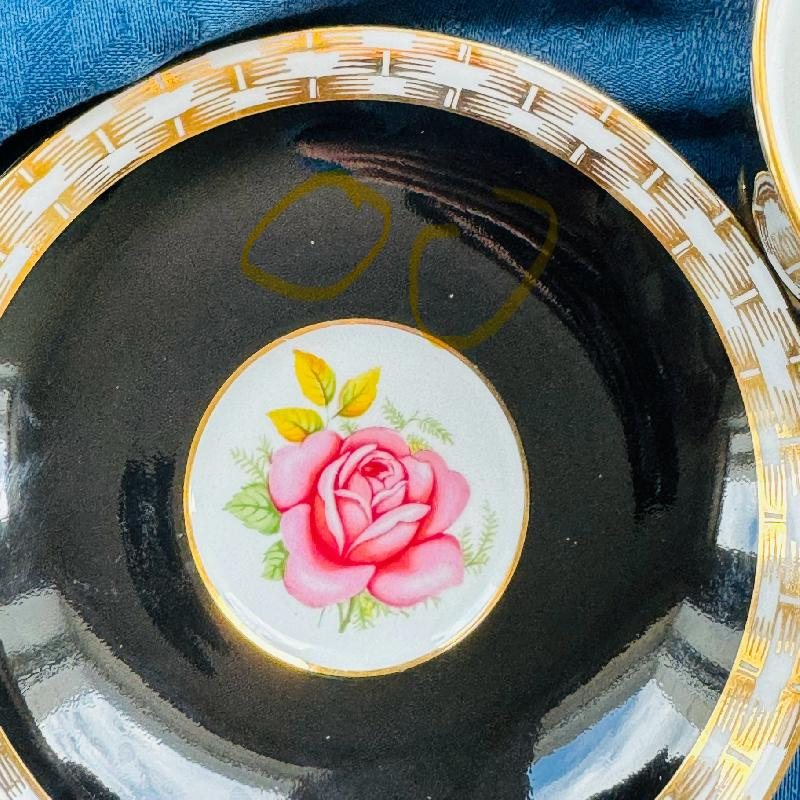 C.a. 1950-60s Windsor Made in England Bone China Black Tea Set Duo with Rose Pattern and Wicker Trim (MT2038)
