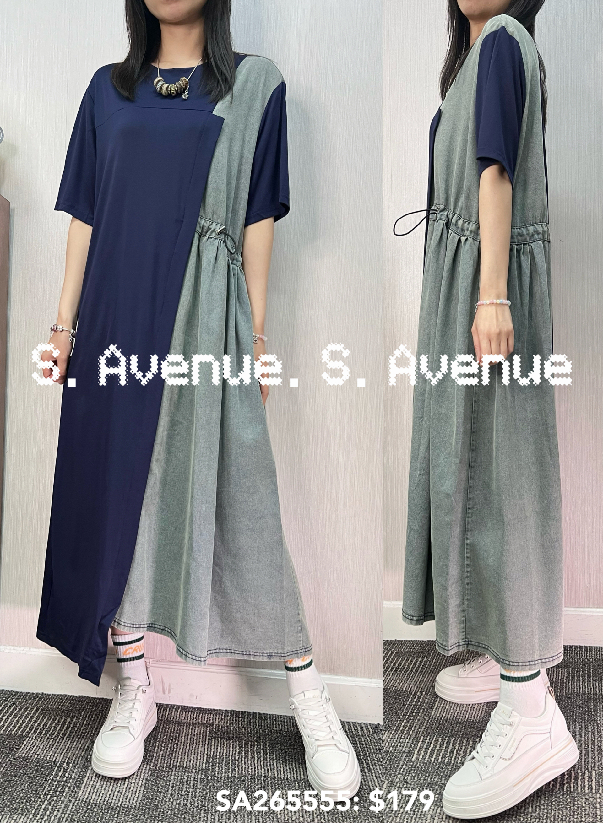 SA265555: 短袖側拼牛仔束腰顯瘦op