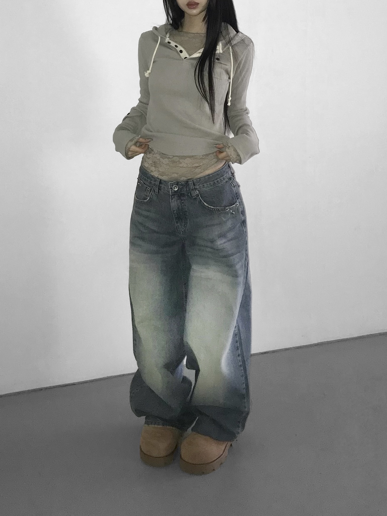 Metal Hook Washed Wide-Leg Denim