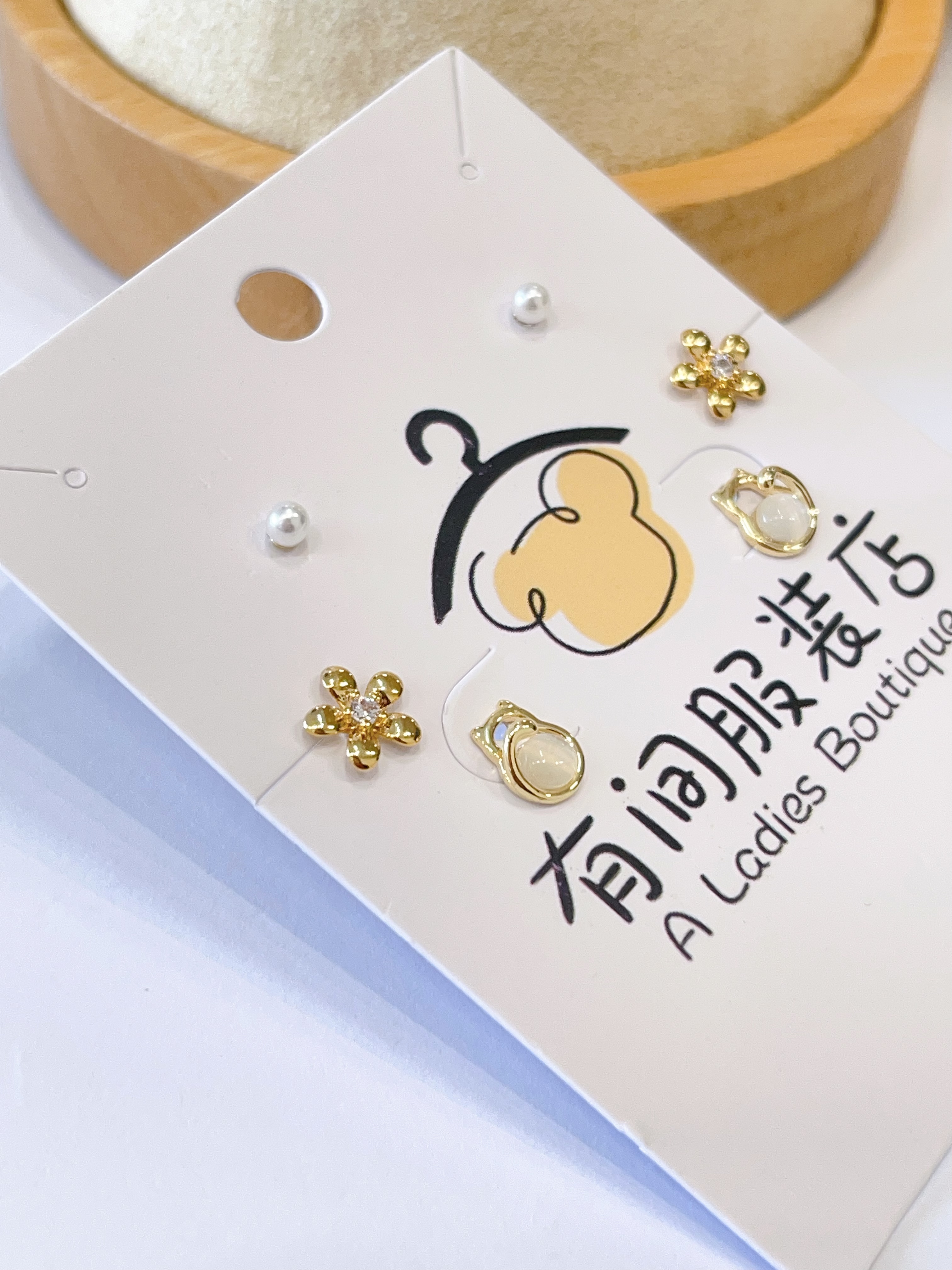 猫眼石小猫花朵耳环套装