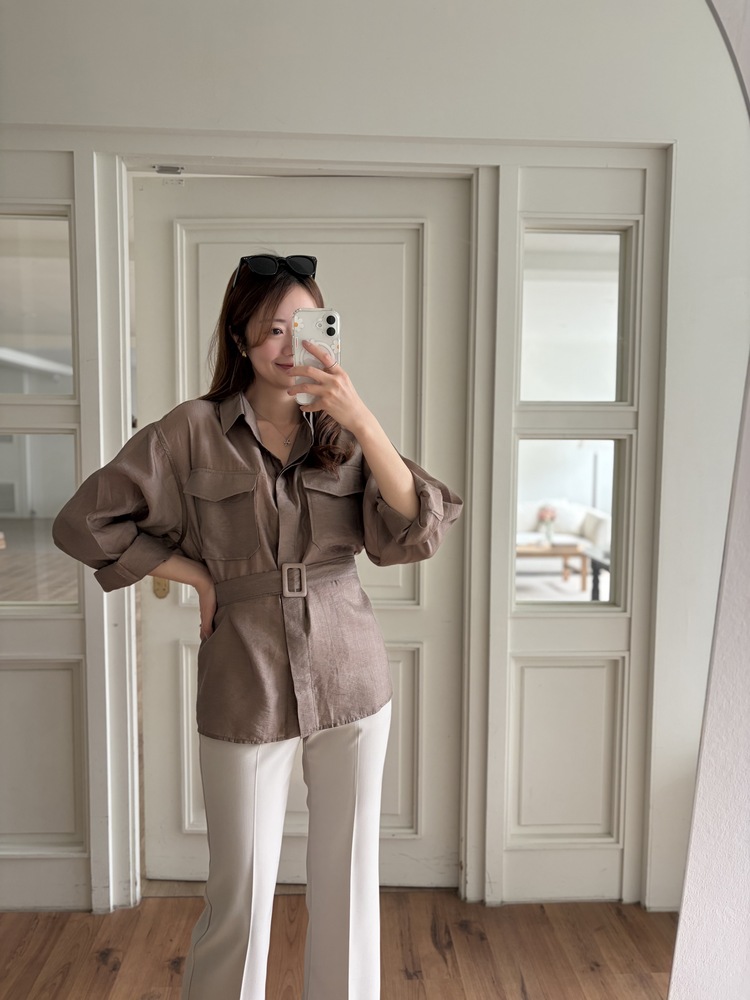 Feminine Belted Pocket Blouse (Brown)