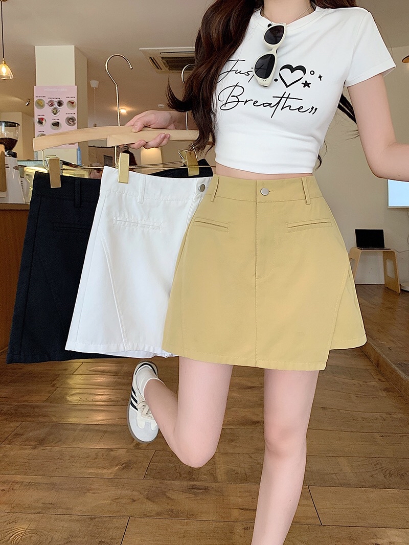 B216(22126) 韩版高腰单银钮前部斜开角不规则3色前裙后裤