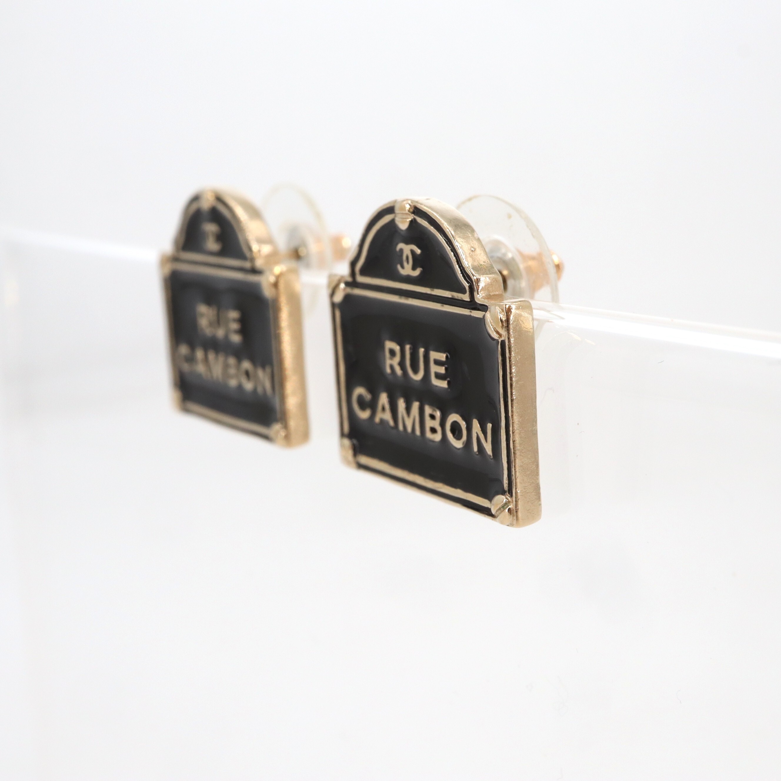 Chanel Coco Mark "Rue Cambon" Sign Piercing Earrings