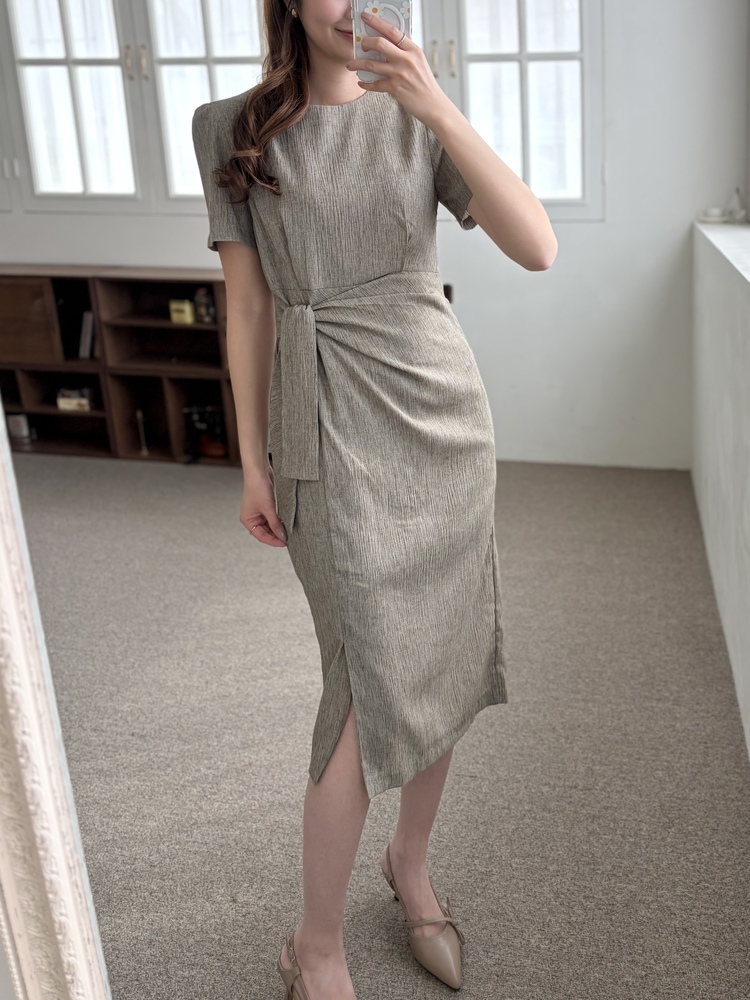 Elise Draped Slit Dress (Khaki)