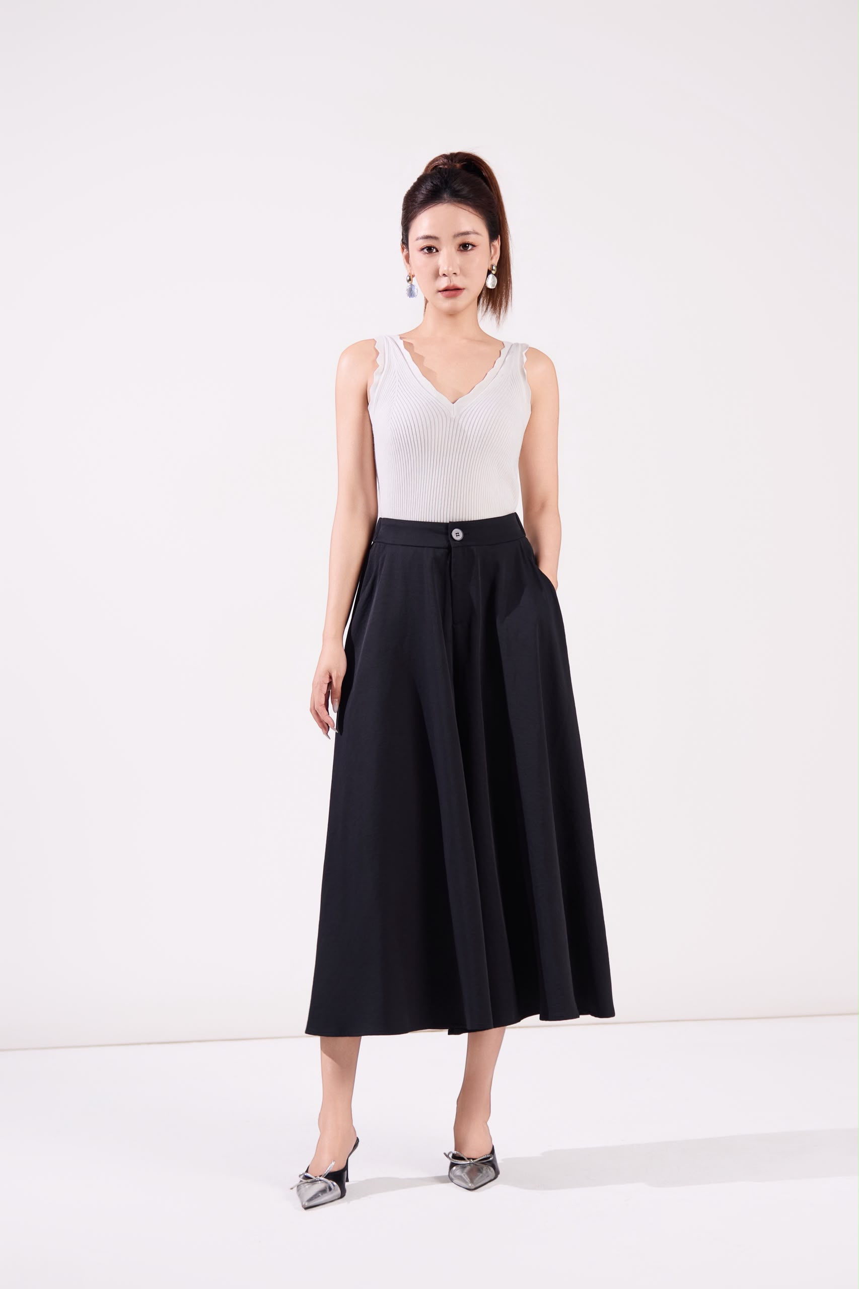 13241348 High-Waist Pleated Wide-Leg Culottes