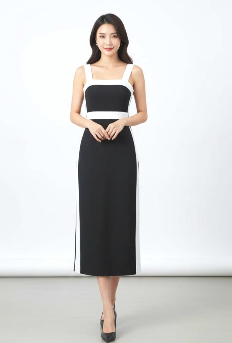 Black Midi Dress with White Piping