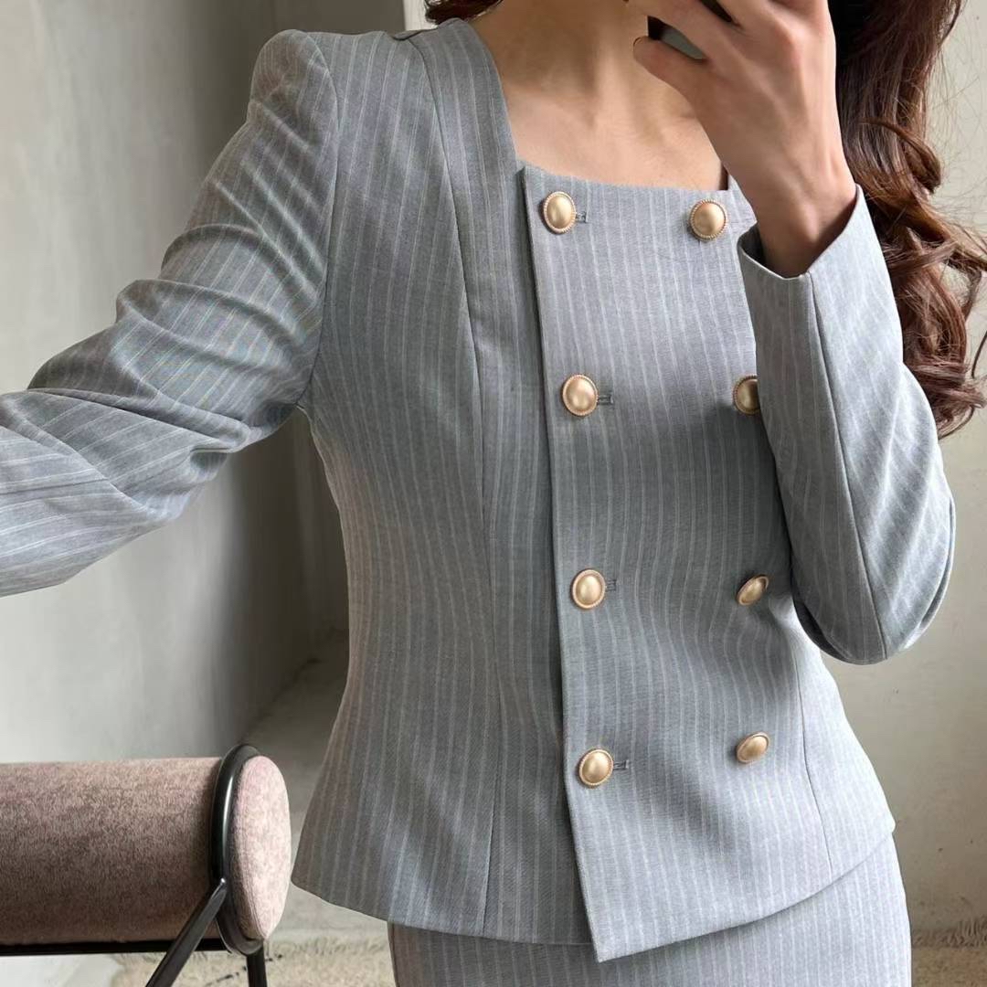 ZA003摩登細條紋通勤套裝