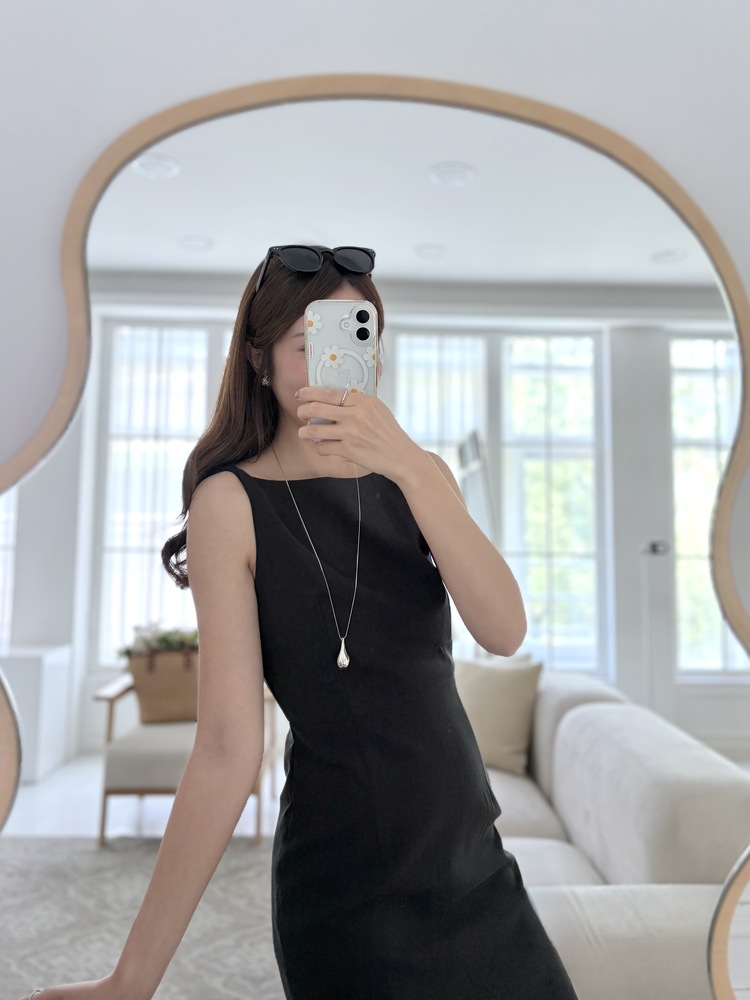 Linen Blend Twisted Strap Dress (Black)
