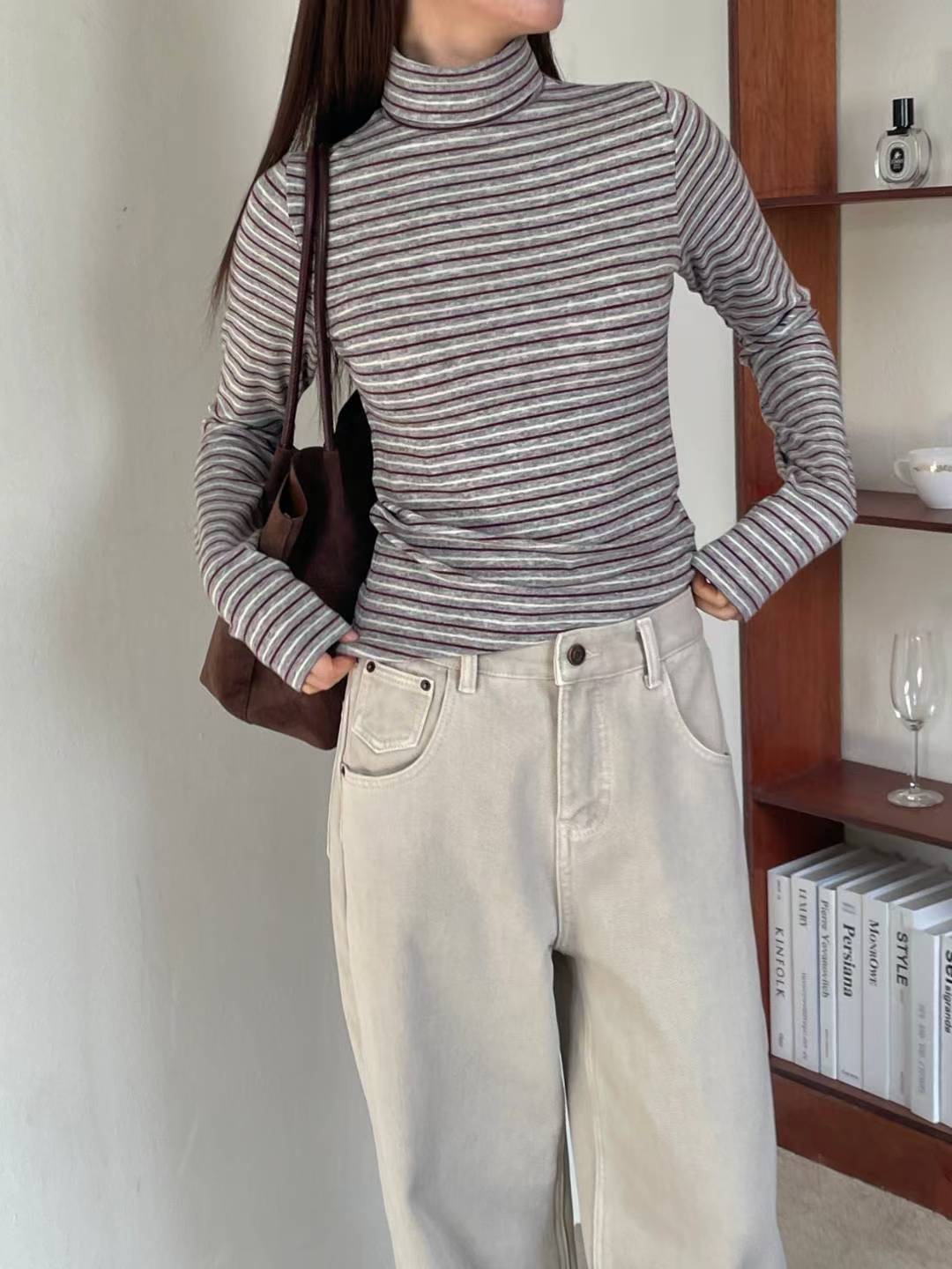 [打底必備!]高領開衩橫間長袖上衣(三色入)