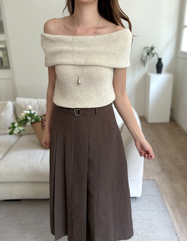 Linen Blend Pleated Skirt (Brown)