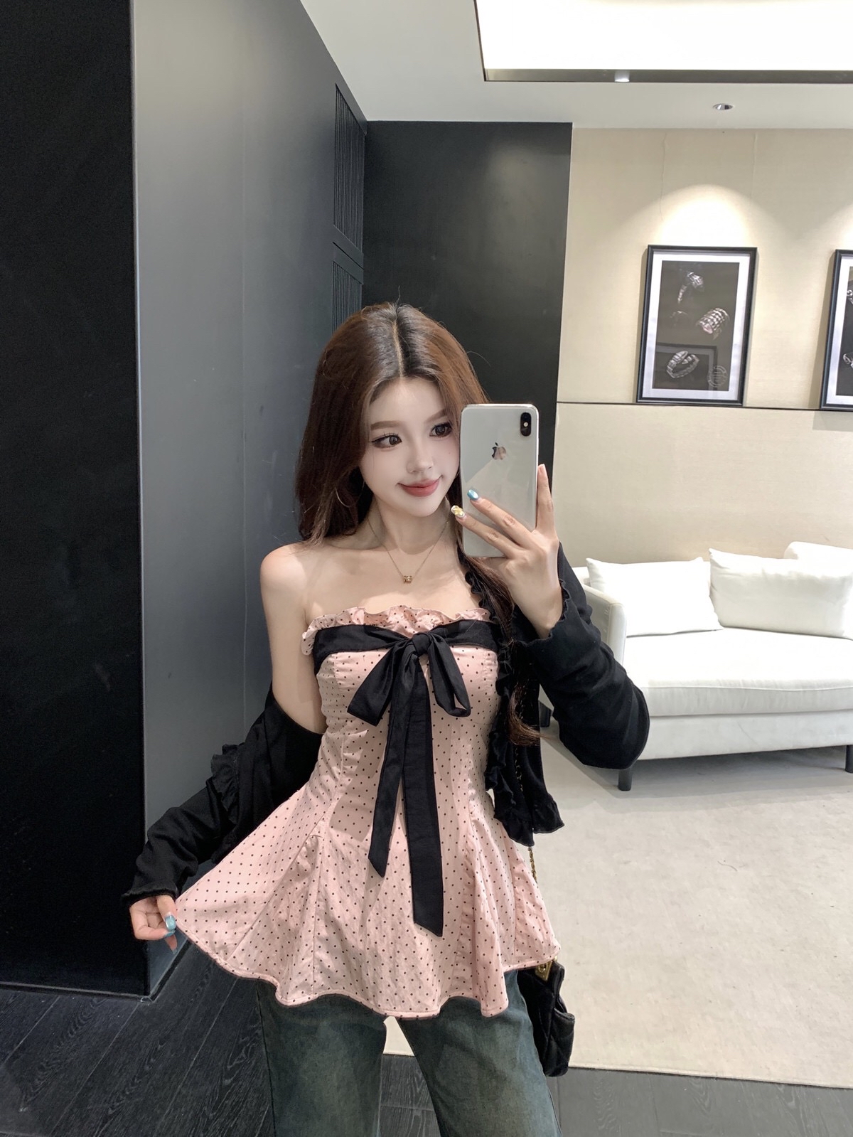 B175(8938) 美式复古波点蝴蝶结边领荷叶下摆粉抹胸上衣与黑开衫两件套上衣 