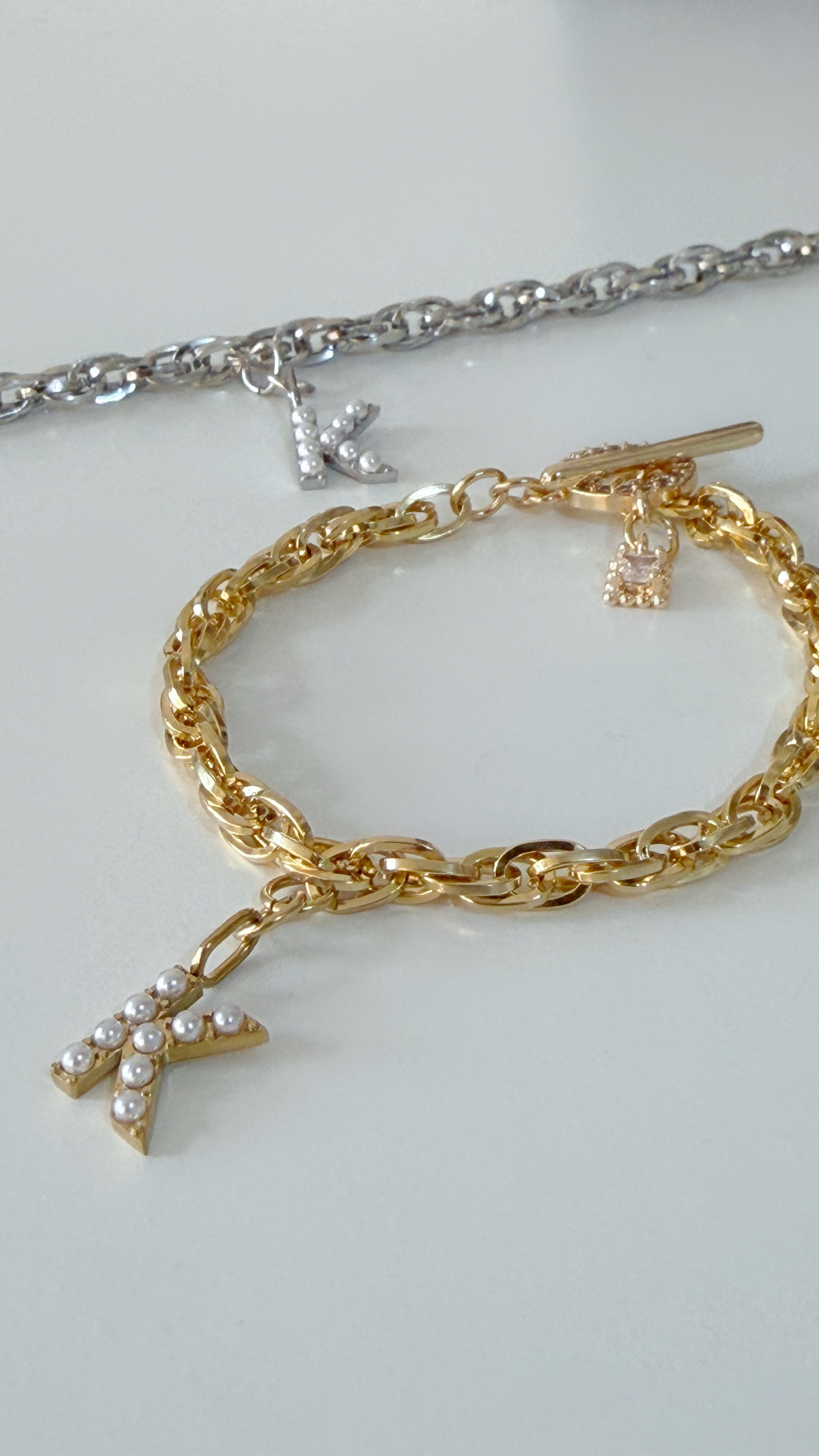 復古珍珠字母手鍊/頸鍊 金色8mm鍊