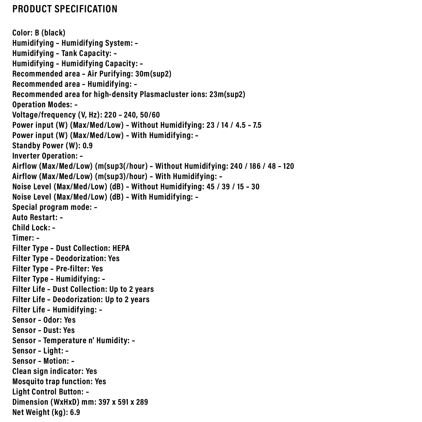 Sharp 30m³ Mosquito Catcher Air Purifier (FPJM40LB)