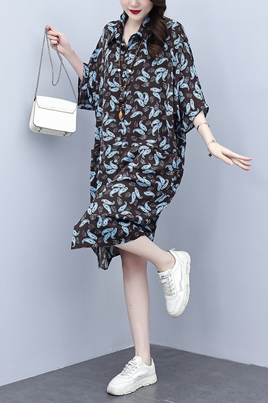 B170(2555) 韩版洋气艺术蓝叶翻领咖衬衫连身裙