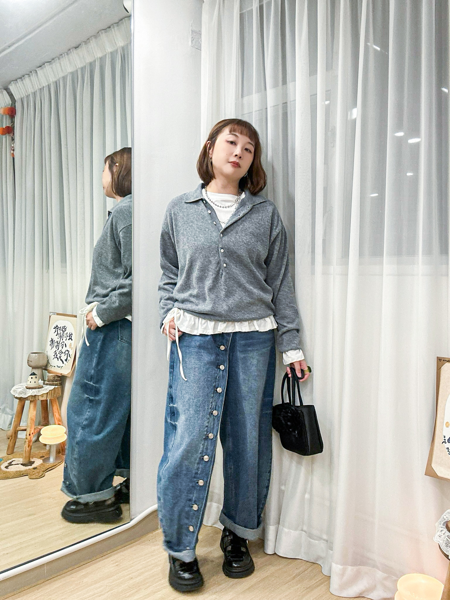 【WK推介】韓系街頭個性風～斜排扣立體感繭型牛仔褲 MU0002 - 藍色 Denim Blue