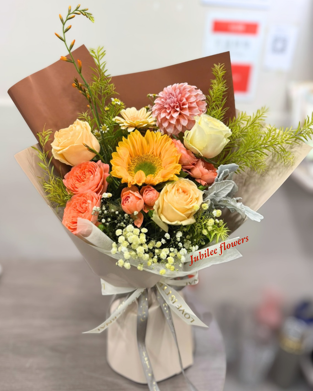 🌻向日葵 · 橙玫瑰 · 大麗花混搭花束 