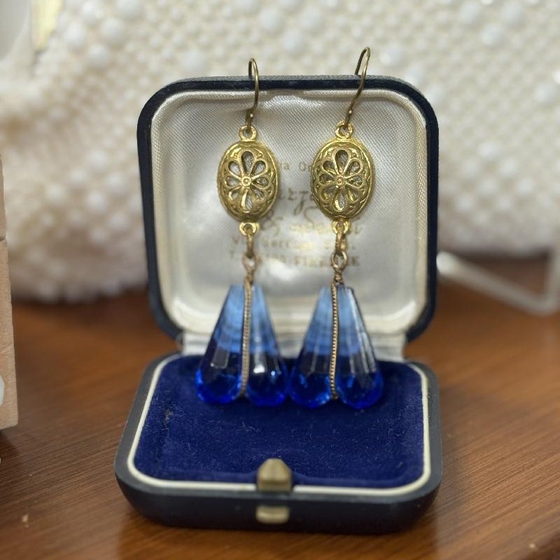 Vintage Recomposed Design with Antique Czechoslovakian Blue Double Glass - Hook Earrings(B053)