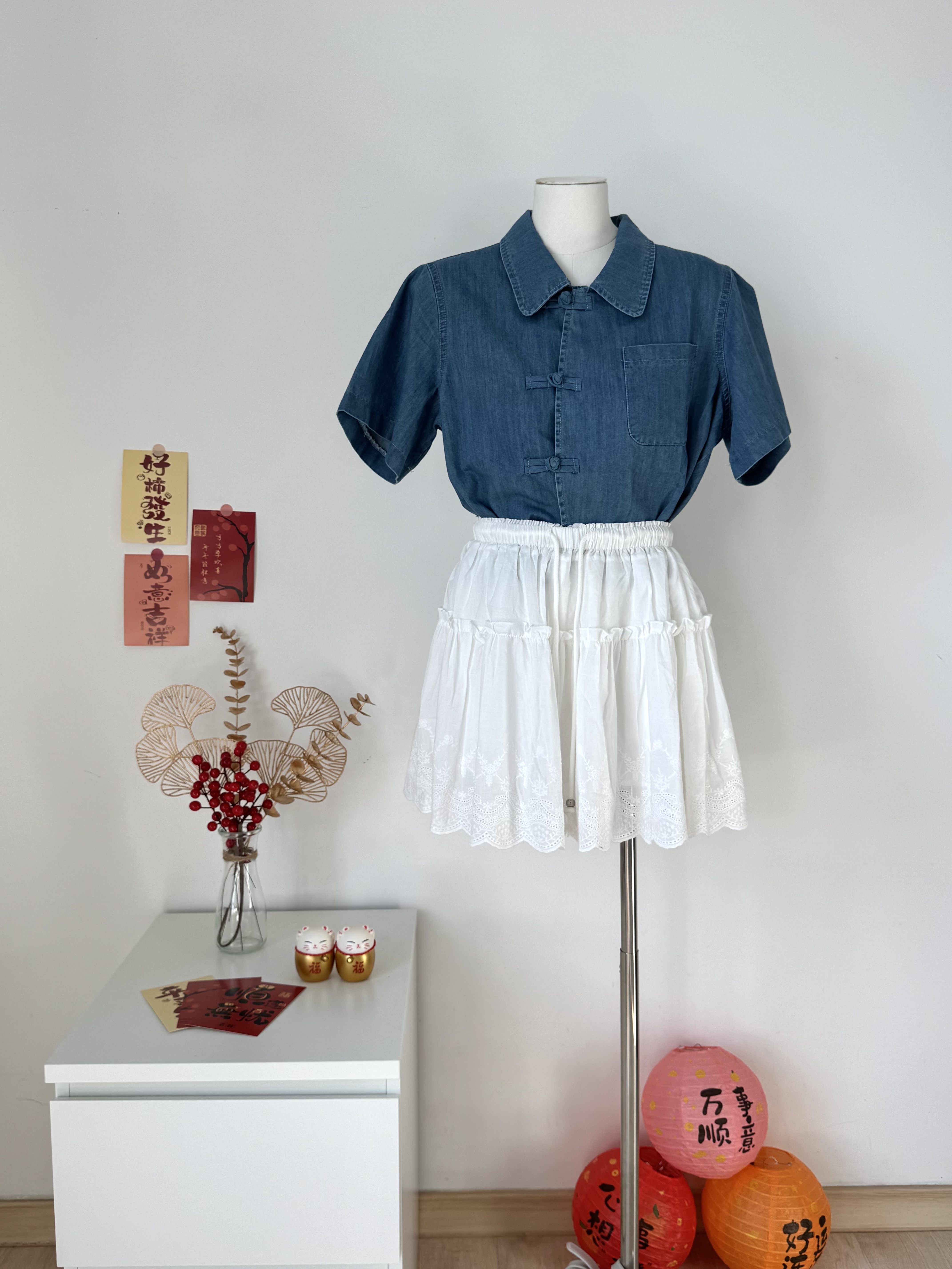 Oriental Polo Denim Blouse 新中式盘扣牛仔上衣 (1 colour )