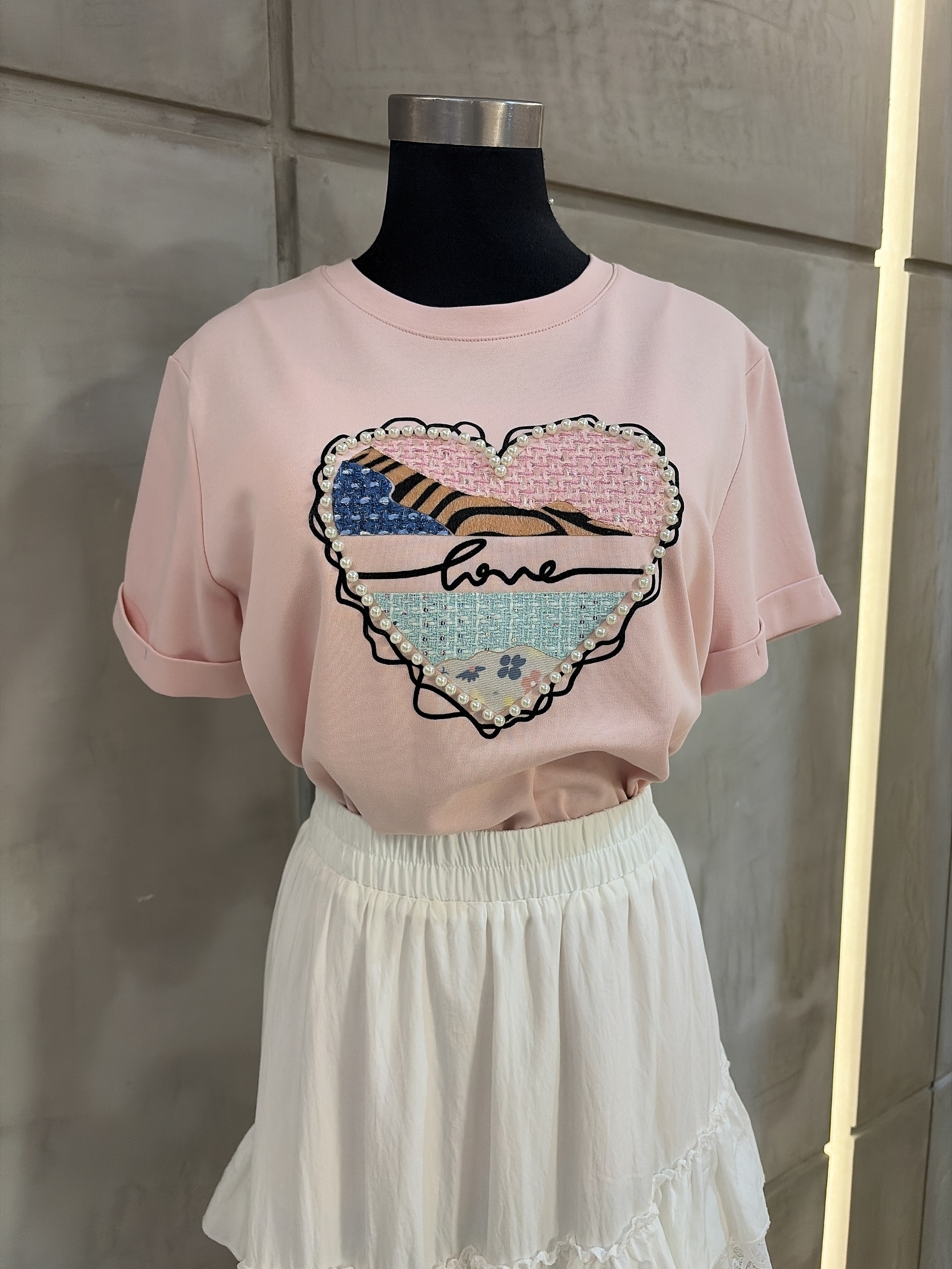Tweeds拼色心型珠珠滑棉Tee 