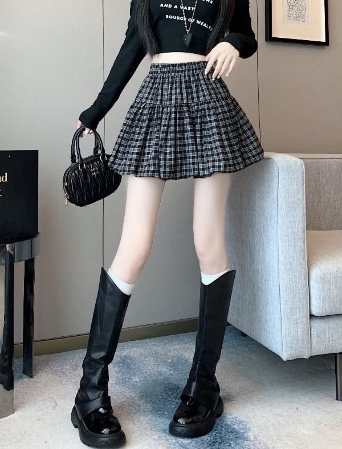 SK341复古格纹半身裙