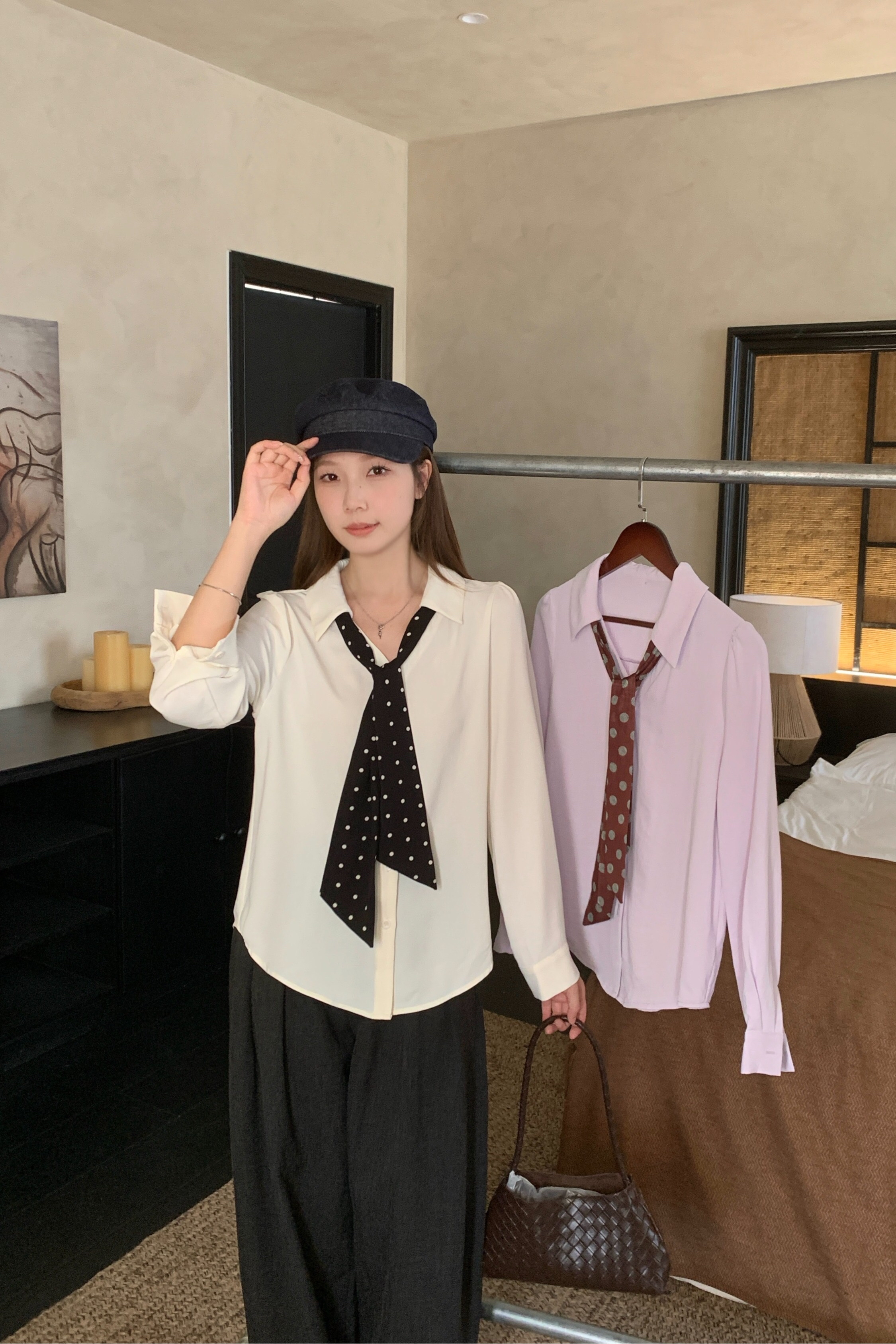 B316(80357) 韩版气质波点领带设计感紫杏衬衫上衣