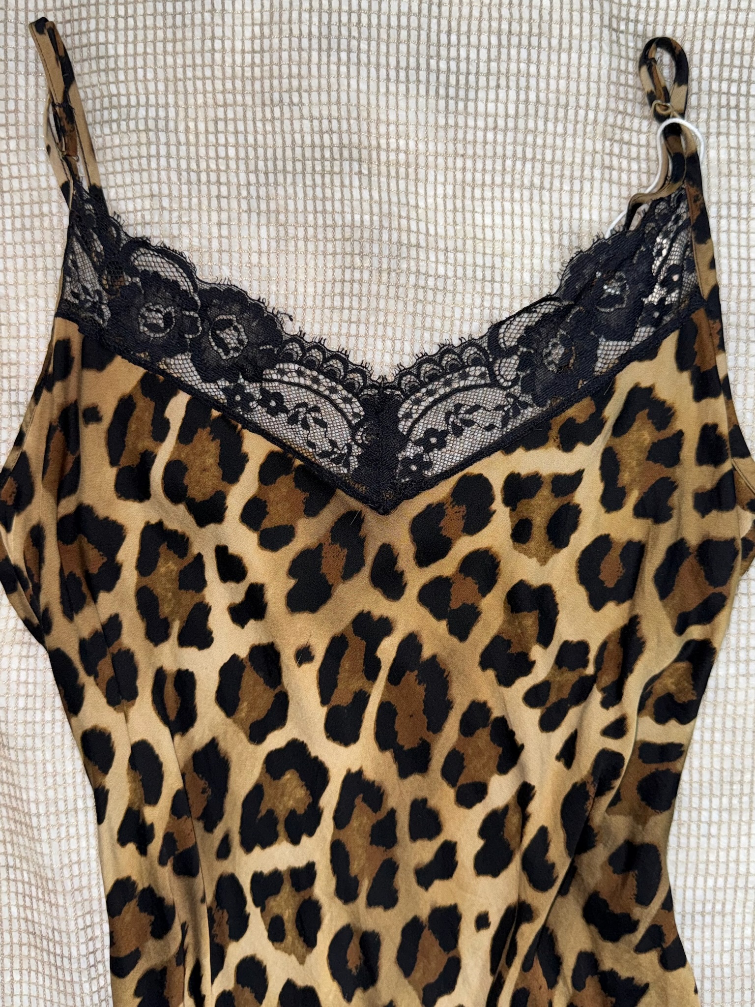 Leopard Satin Slip Dress with Lace Trim