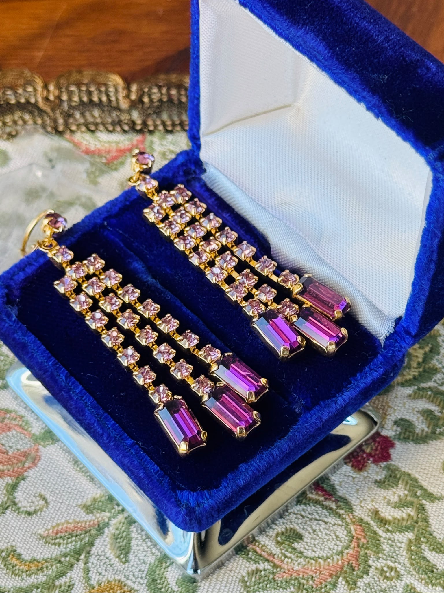 1980s Czechoslovakian New Old Stock Purple Rhinestone Hook Earrings (NZ131)