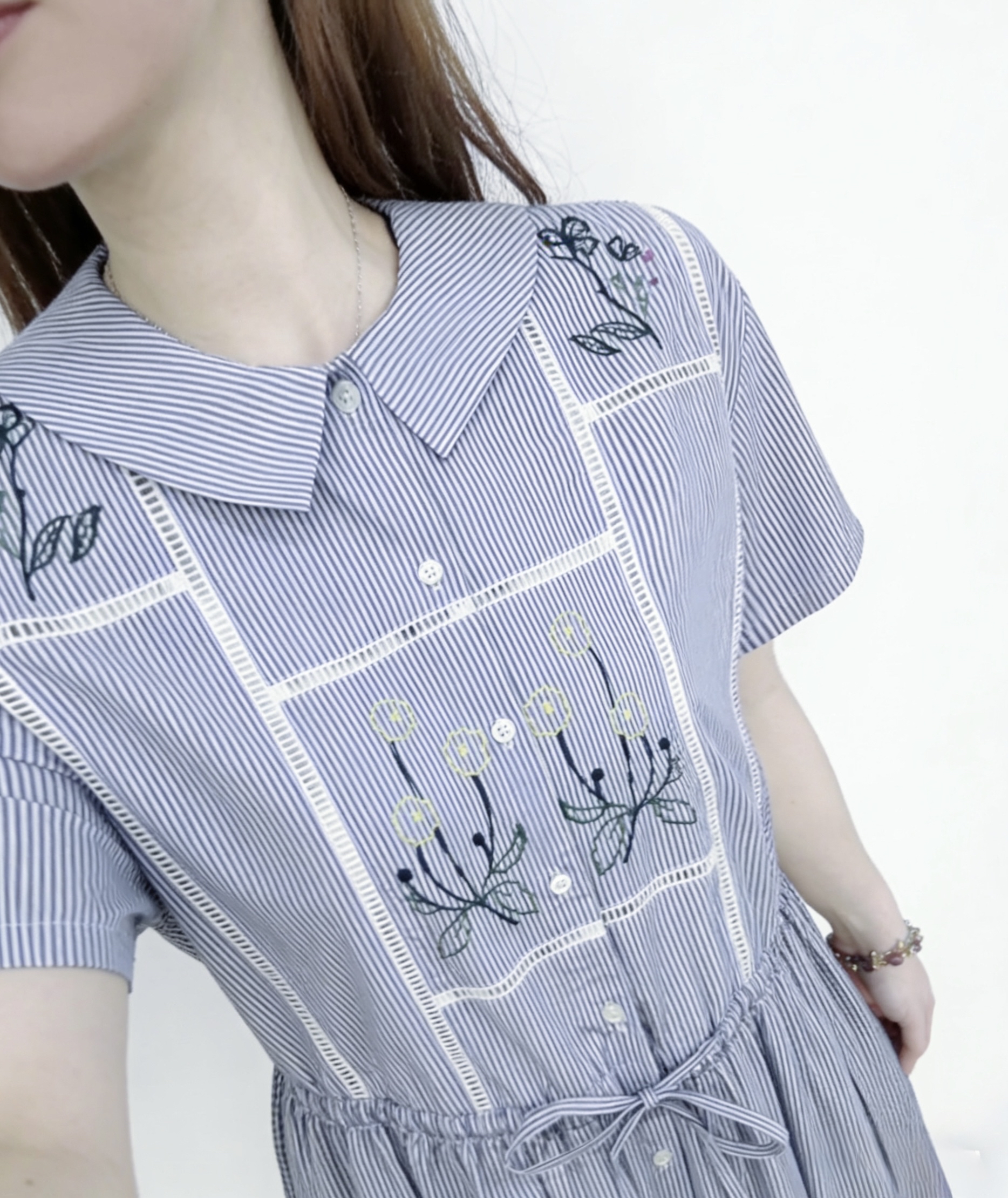 🌼初春優惠🍀 日系條紋刺繡花束腰Ops