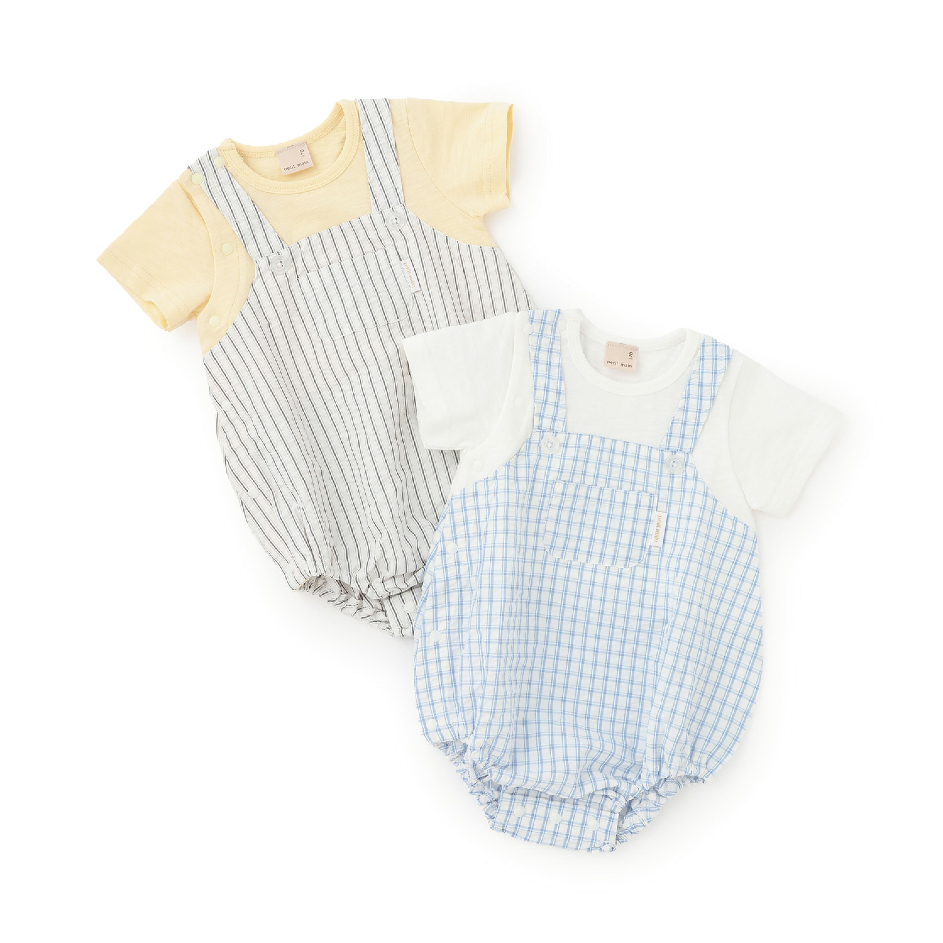 🇯🇵預訂 日本直送🇯🇵Petit Main兩色格紋條紋口袋吊帶短袖包屁衣