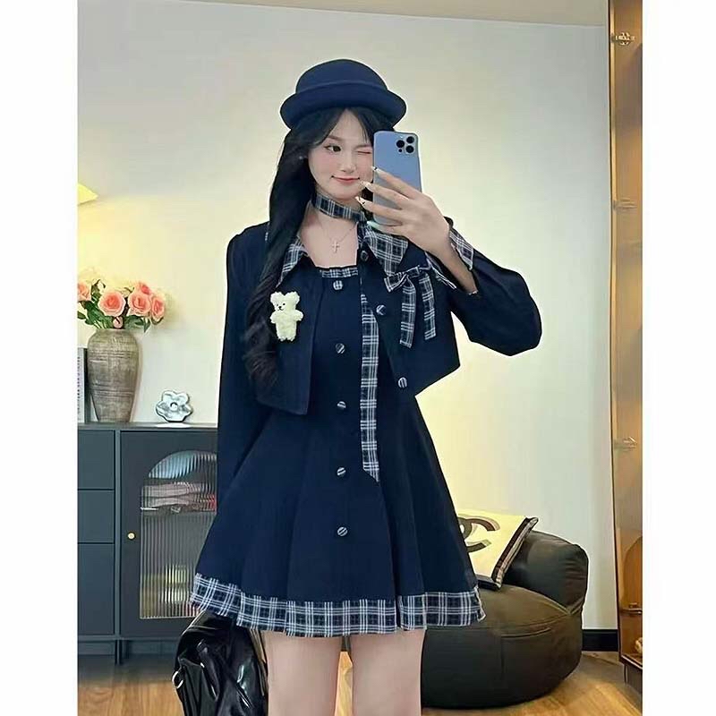 B187(10309短) 短款法式气质边格纹吊带裙与短西装外套咖蓝两件套连身裙