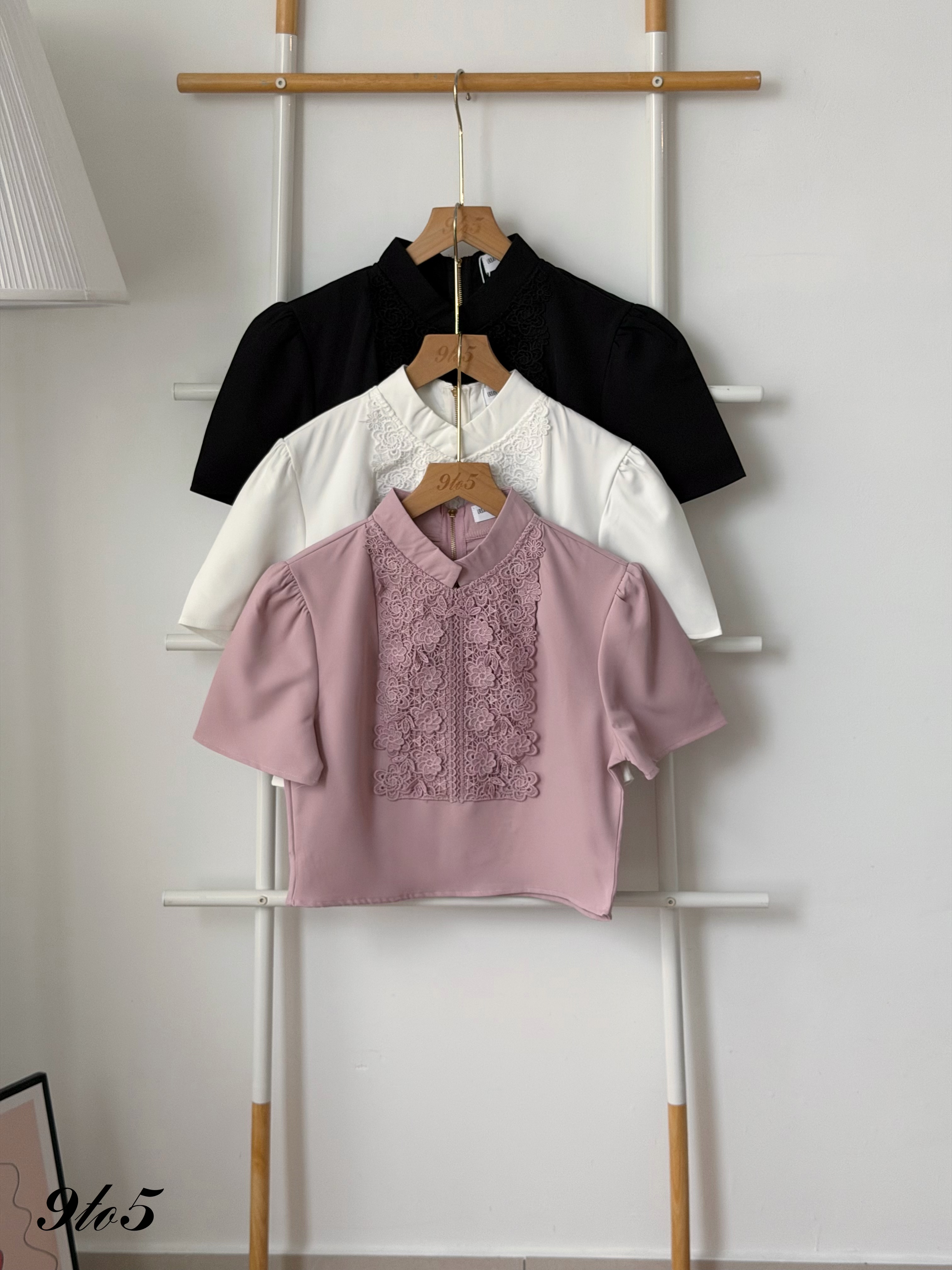 T4455 Puff Sleeve Lace Detail Blouse - 3 Colors