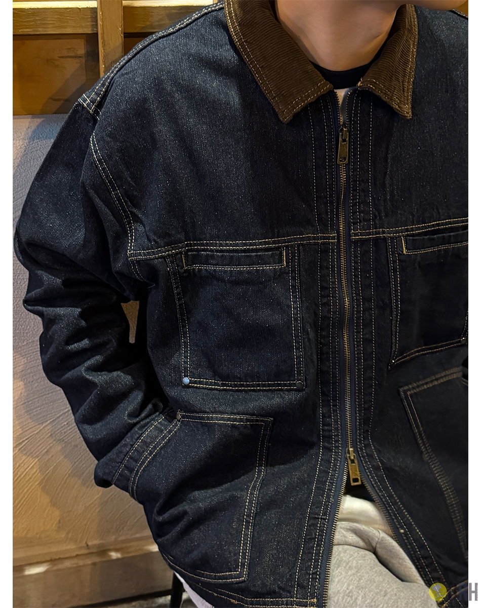 【100%保證韓國直送】經典燈芯絨翻領雙向拉鍊牛仔工裝外套 [2 color] RF1229897