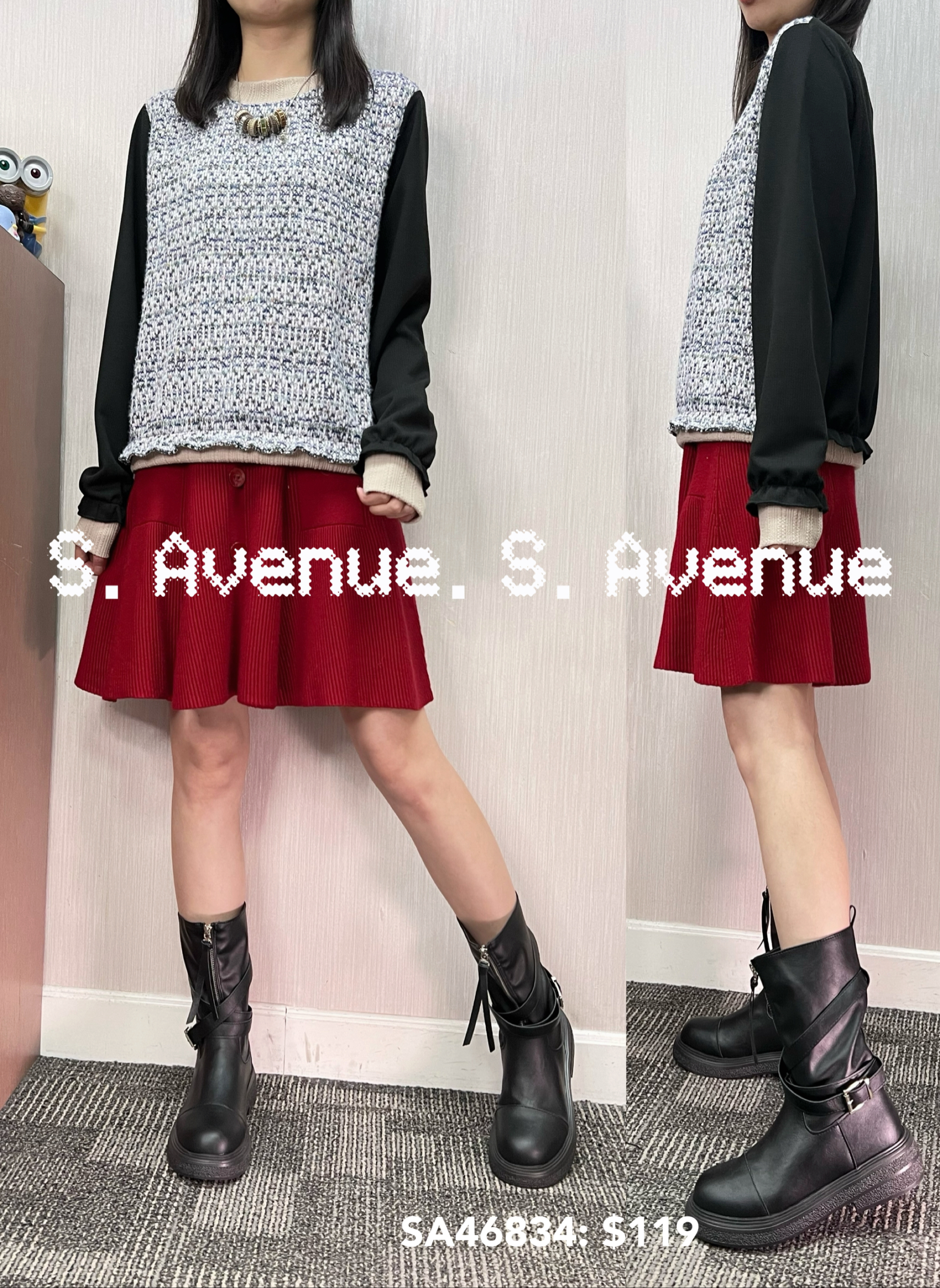 SA46834: 長袖撞色邊中間拼織布料top