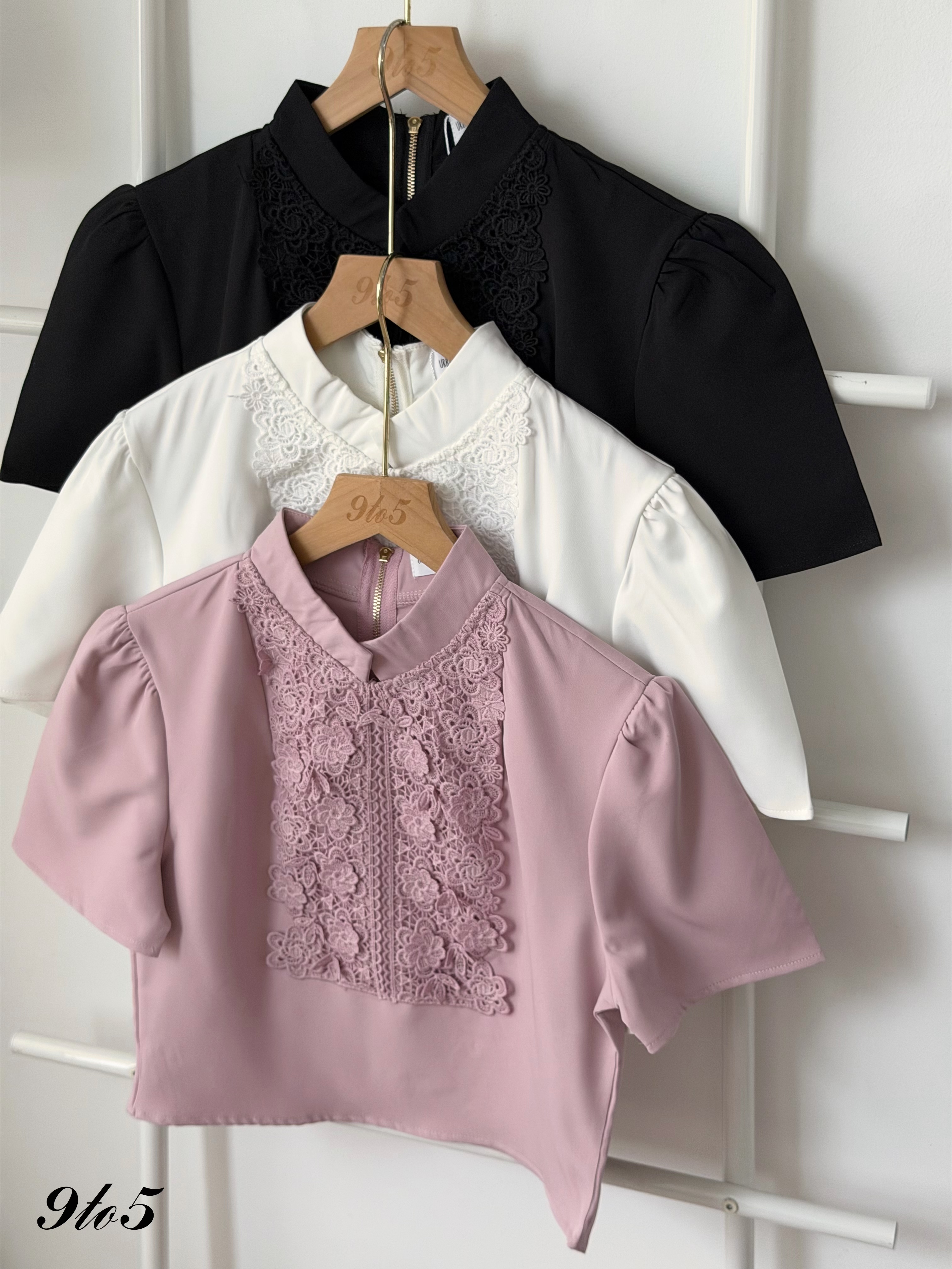 T4455 Puff Sleeve Lace Detail Blouse - 3 Colors