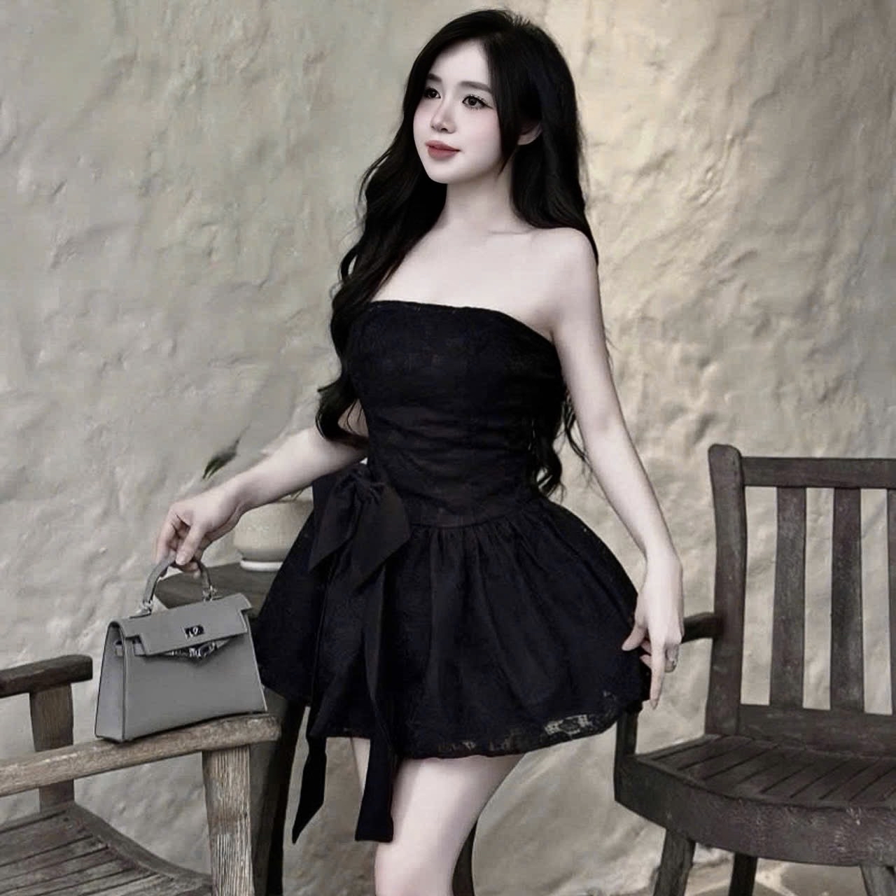 蕾絲蝴蝶結連身裙洋装