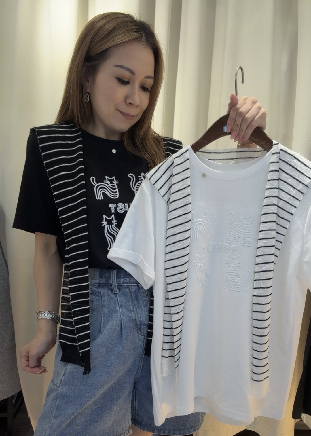 刺繡貓貓連披肩T
